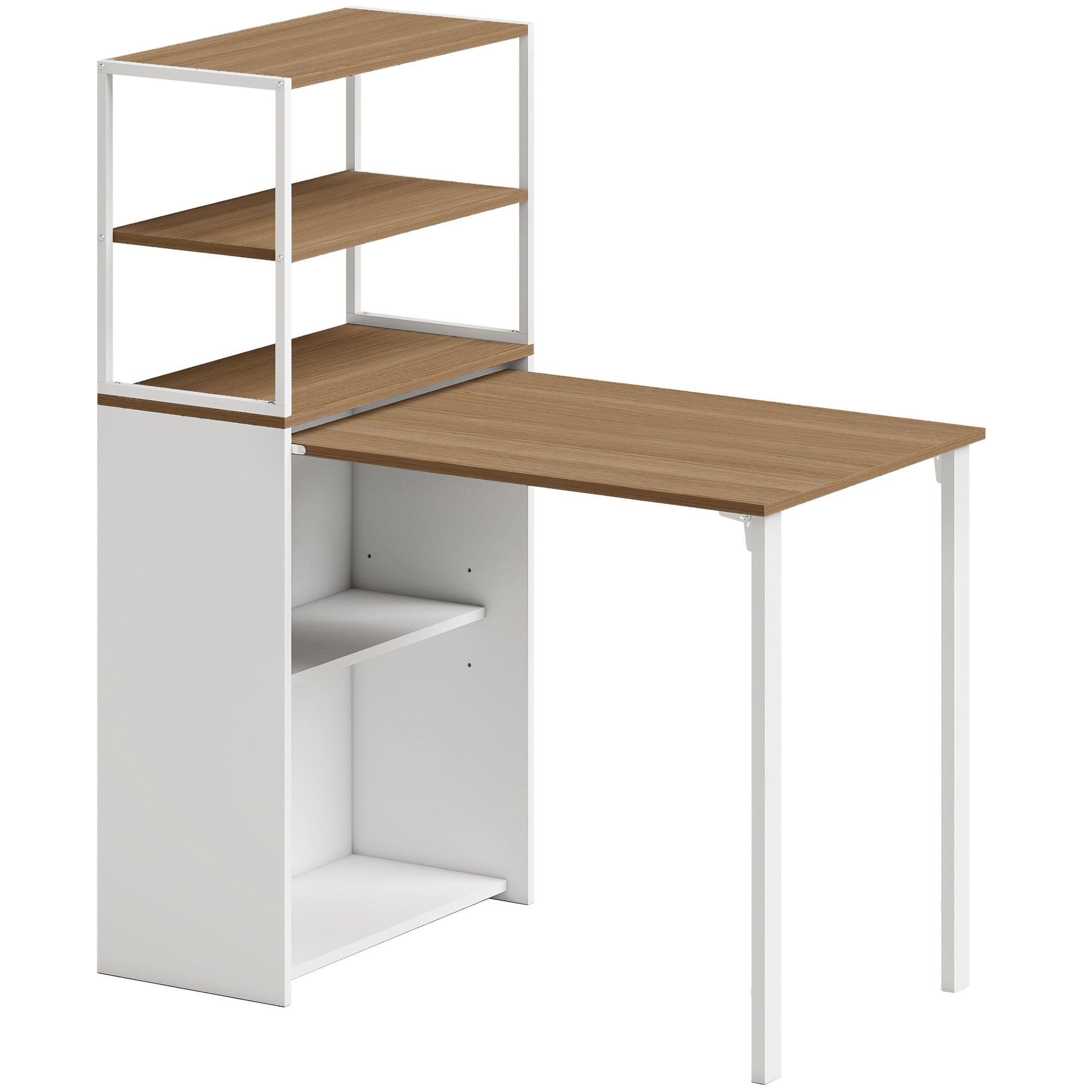 Folding Computer Desk with 4-Tier Bookshelf, Space-Saving Multifunctional Small Office Desk, 2-in-1 Compact Industrial Study Table with Metal Frame for Small Spaces, Home Office, Natural