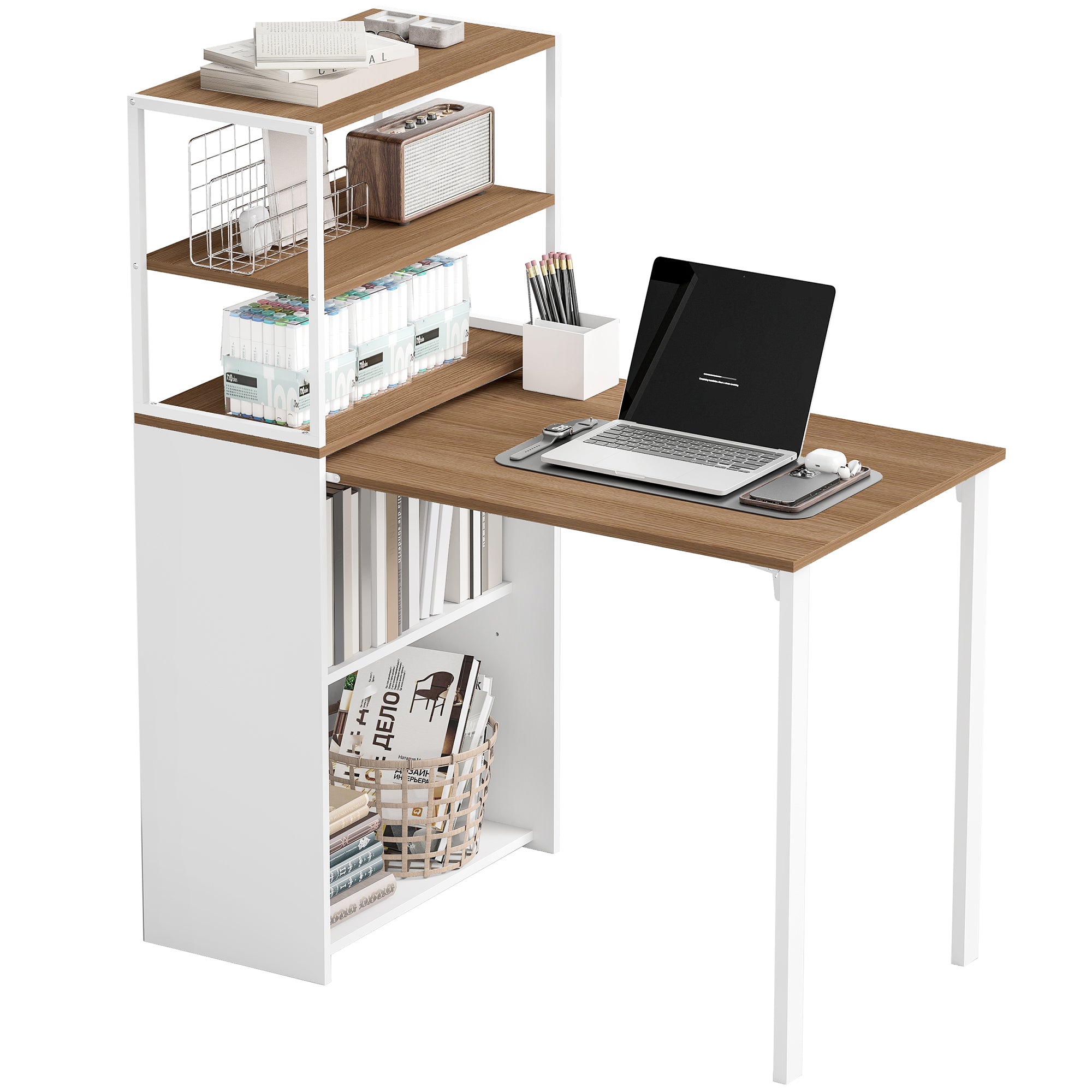 Folding Computer Desk with 4-Tier Bookshelf, Space-Saving Multifunctional Small Office Desk, 2-in-1 Compact Industrial Study Table with Metal Frame for Small Spaces, Home Office, Natural