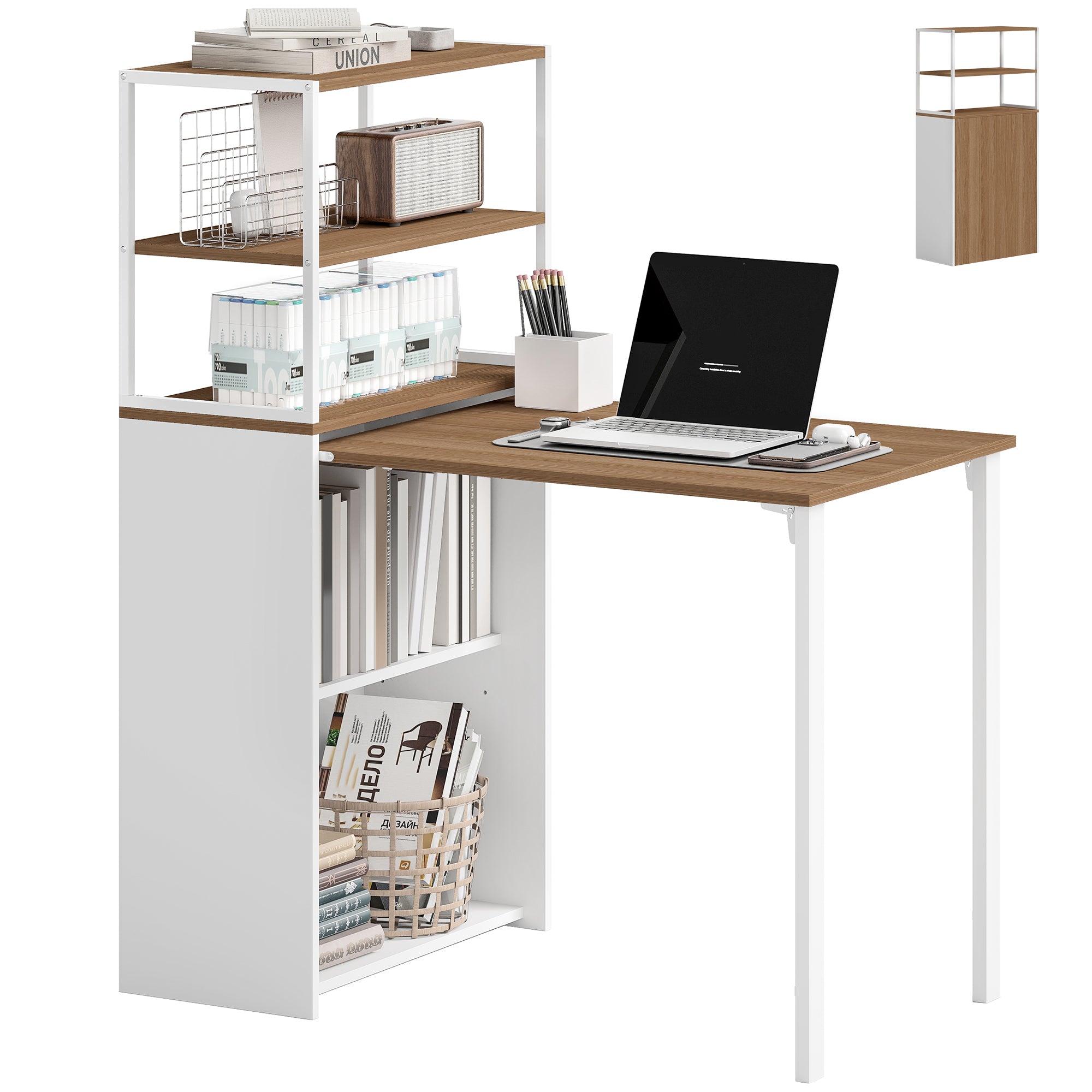 Folding Computer Desk with 4-Tier Bookshelf, Space-Saving Multifunctional Small Office Desk, 2-in-1 Compact Industrial Study Table with Metal Frame for Small Spaces, Home Office, Natural