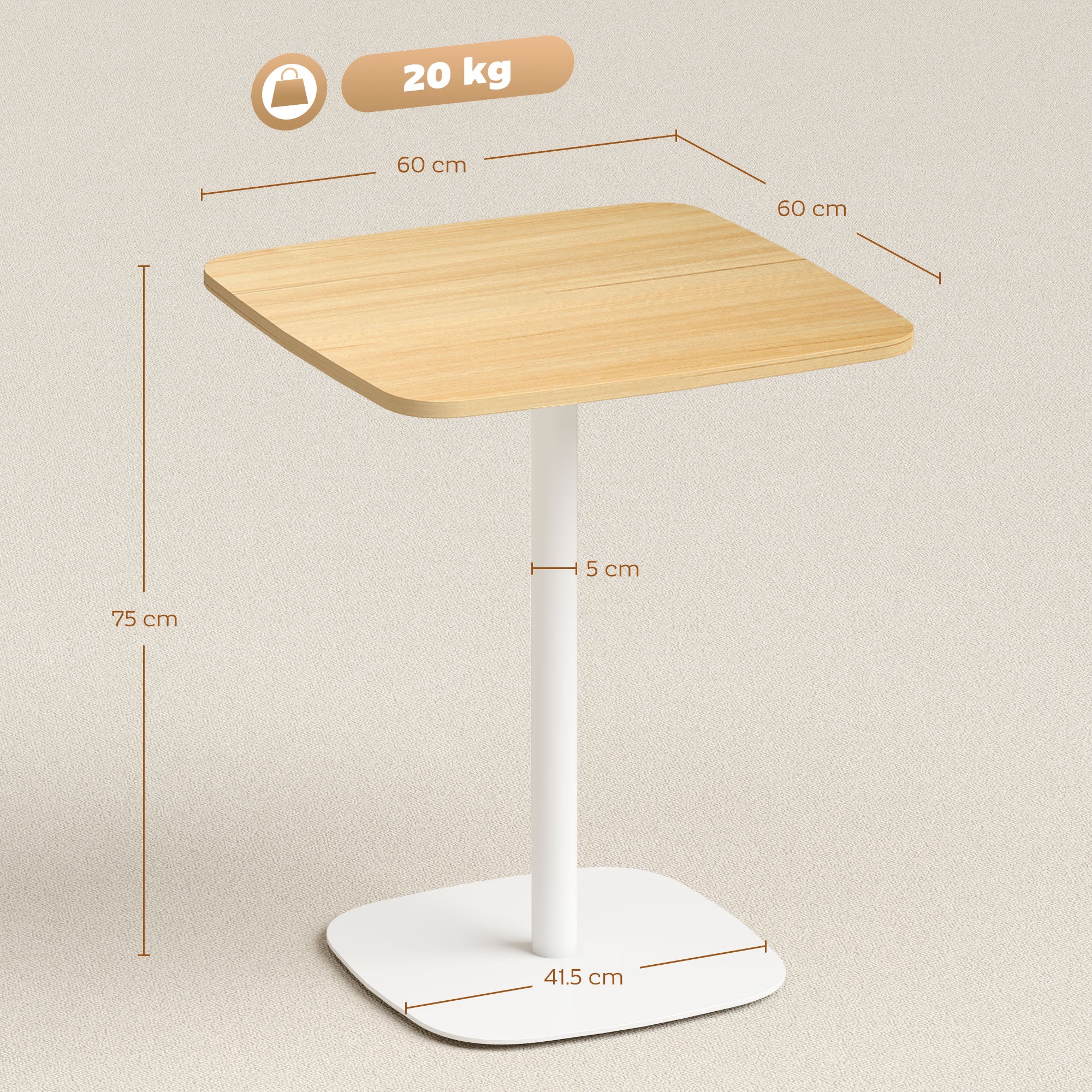 Small Dining Table, 60 cm Square Kitchen Table with Wood Veneer Top, Square Steel Pedestal Base and Anti-slip Foot Pads for Living Room, Dining Room, Natural Wood Finish