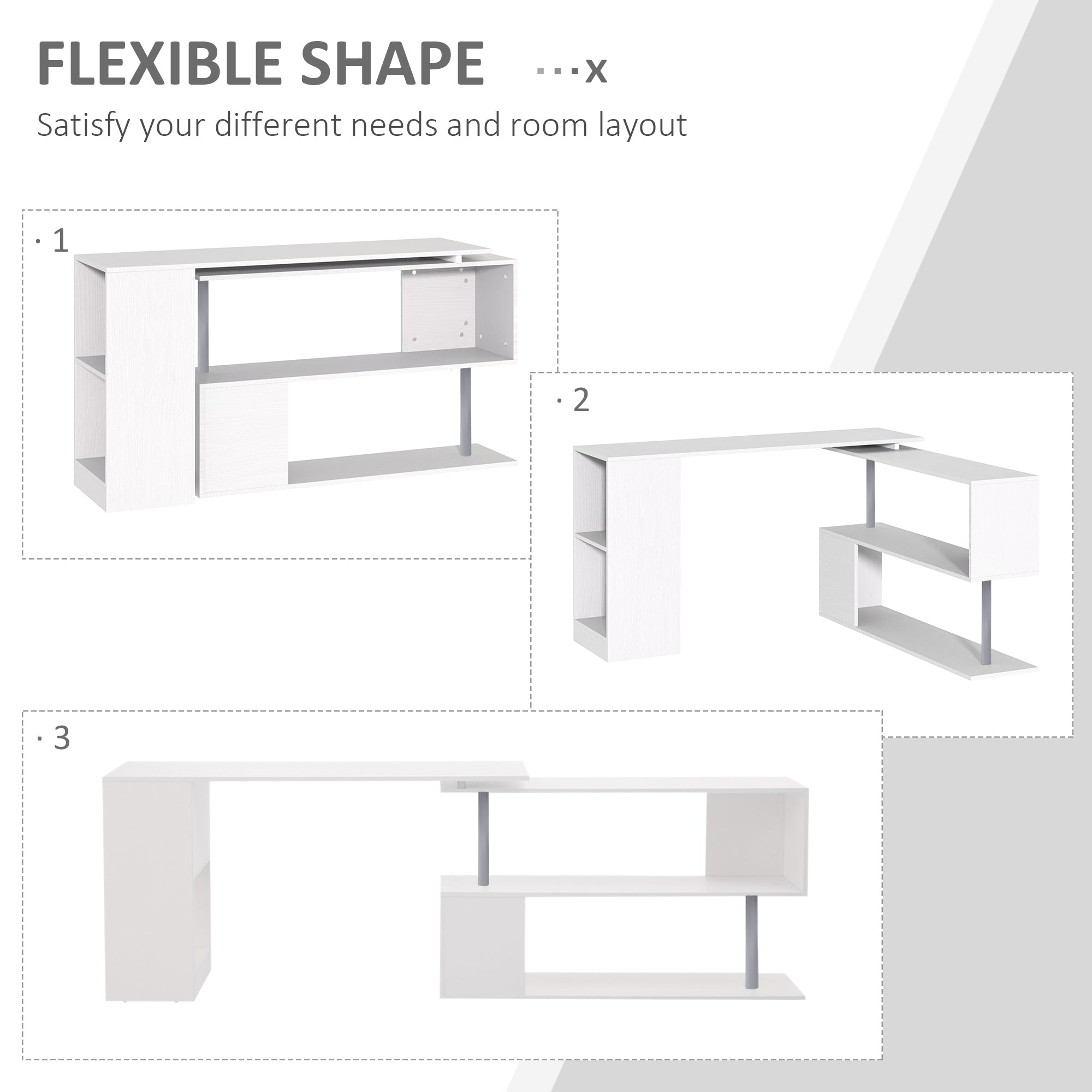 HOMCOM 55" L-Shaped Desk, 360° Rotating Corner Computer Desk, Home Office Workstation with 3-Tier Storage Shelves, Bookshelf, White