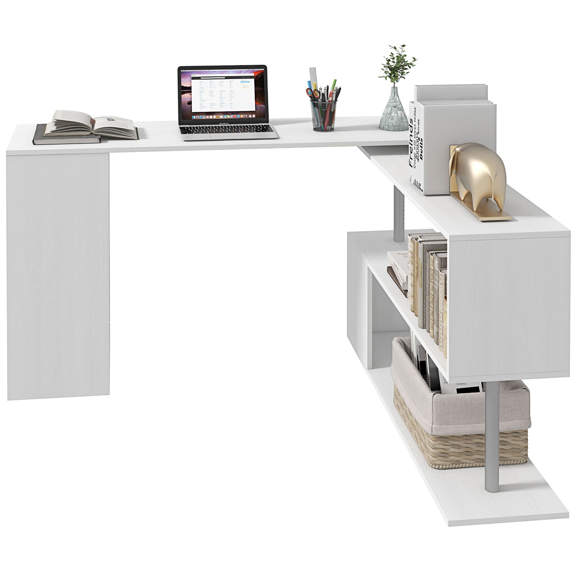 HOMCOM 55" L-Shaped Desk, 360° Rotating Corner Computer Desk, Home Office Workstation with 3-Tier Storage Shelves, Bookshelf, White