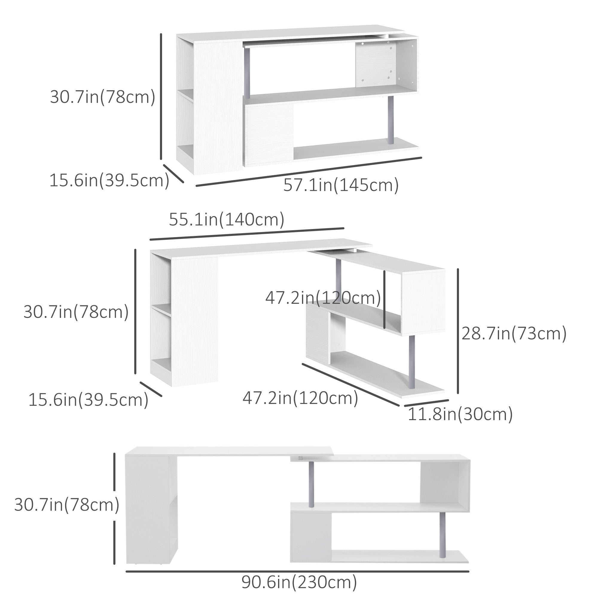 HOMCOM 55" L-Shaped Desk, 360° Rotating Corner Computer Desk, Home Office Workstation with 3-Tier Storage Shelves, Bookshelf, White