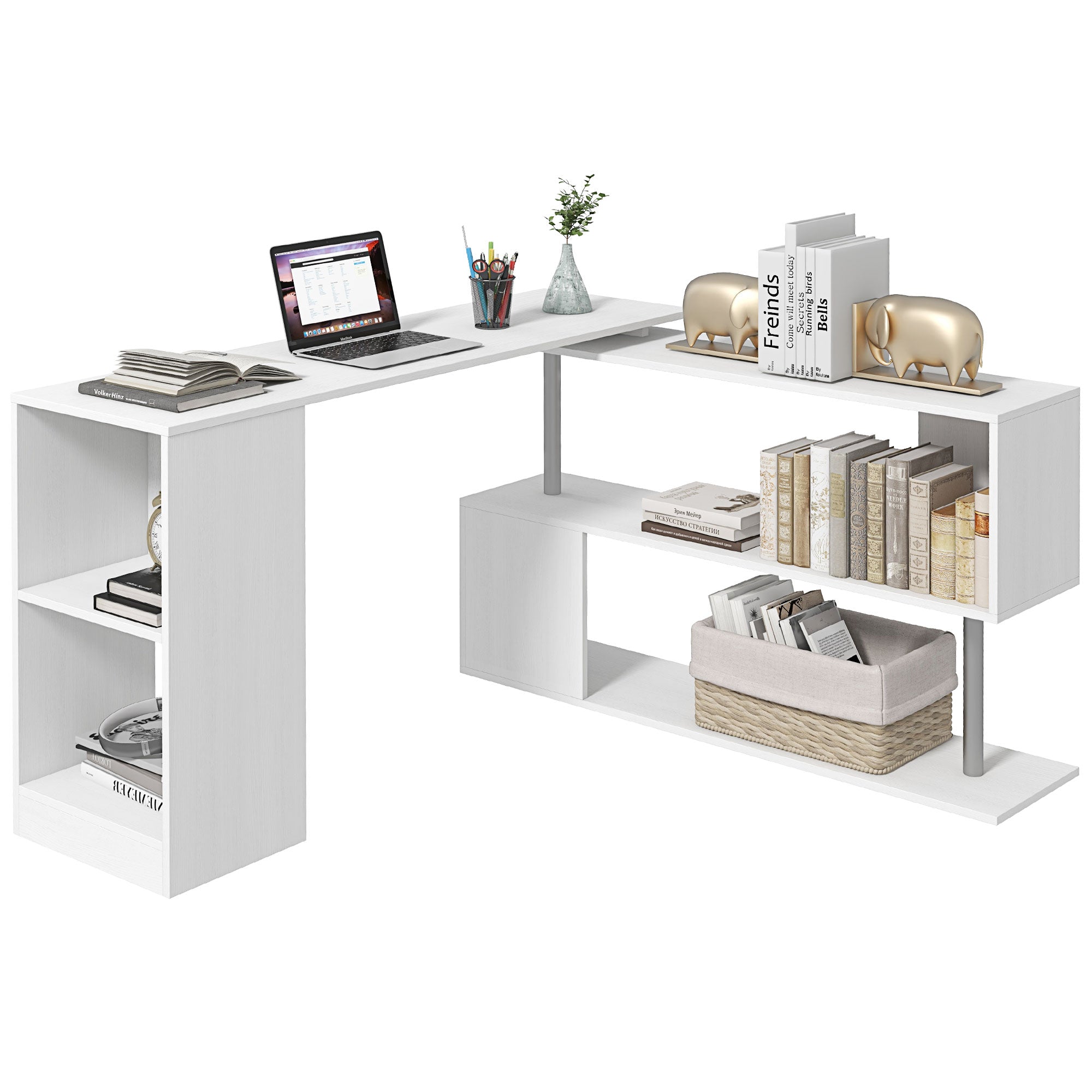 HOMCOM 55" L-Shaped Desk, 360° Rotating Corner Computer Desk, Home Office Workstation with 3-Tier Storage Shelves, Bookshelf, White