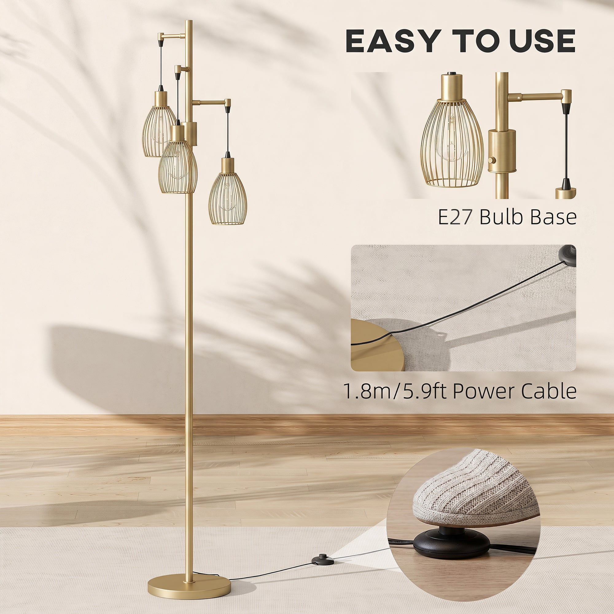 3-Light LED Floor Lamp, 170cm Industrial Dimmable Standing Lamp with Steel Wire Cage Lampshades, 2700K for Living Room, Bedroom, Dining Room, Study, Gold Tone