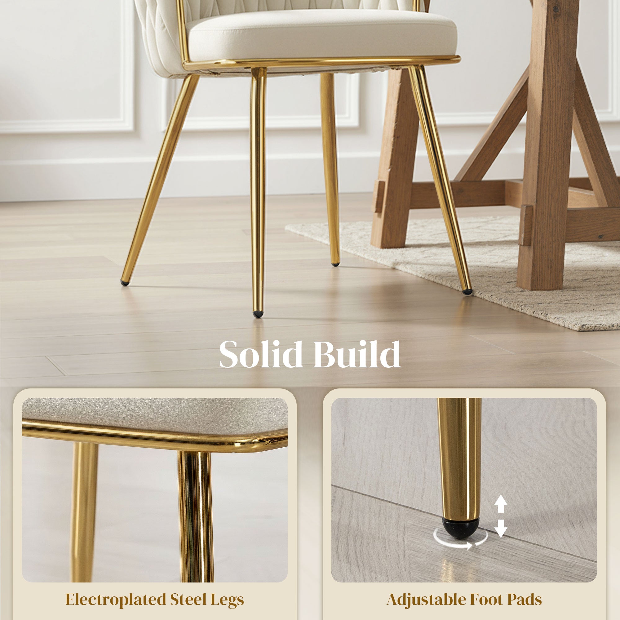 Velvet-Feel Dining Chairs Set of 2, Modern Upholstered Kitchen Chairs with Woven Backrest and Armrests, Metal Legs and Padded Seat for Dining Room, Bedroom, Living Room, Cream
