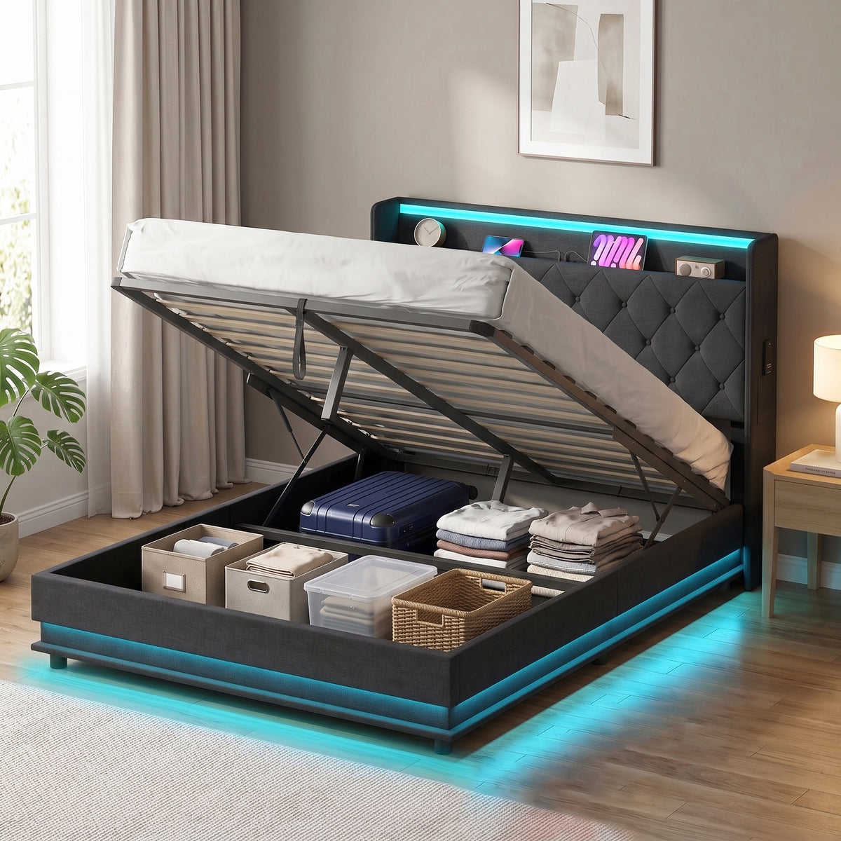 4ft6 Double Ottoman Bed Frame with Hydraulic Storage, APP Control LED Lights and Charging Station, Upholstered Lift Up Storage Bed Frame with Headboard, No Box Spring Needed, Black