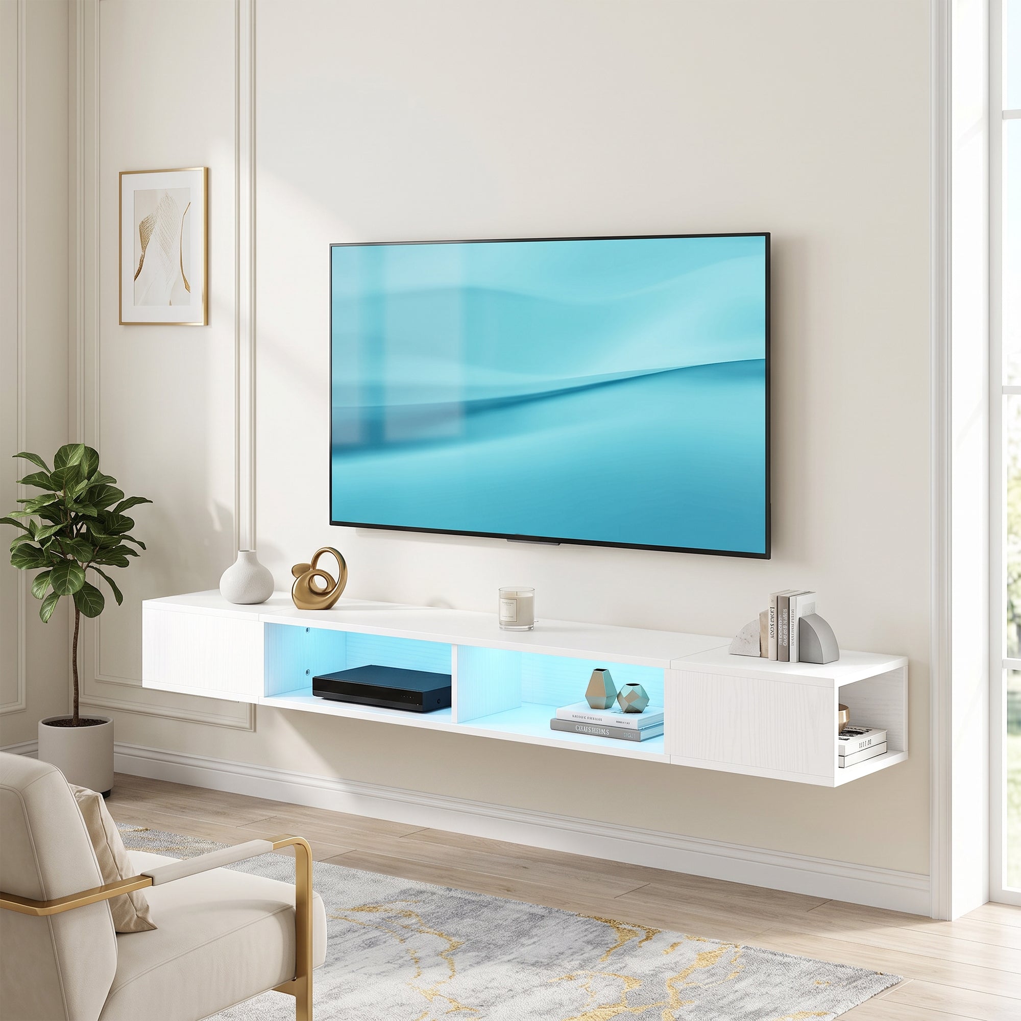 TV Stand for TVs up to 75 Inch, Modern Entertainment Center with RGB LED Lights, Floating Wall-Mounted Media Console with Open Shelves for Living Room, White Wood Grain