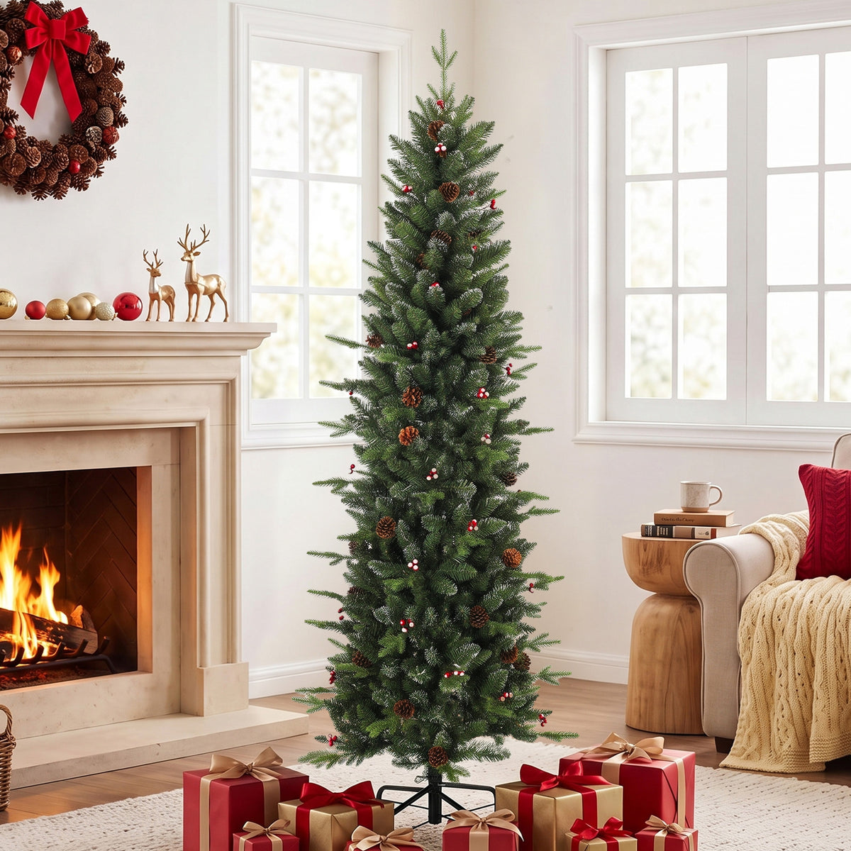 6ft/180cm Artificial Christmas Tree, Slim Gracious Pine Xmas Tree with 688 Branch Tips, Foldable Steel Stand, Easy Assembly for Home Office Holiday Decoration, Green