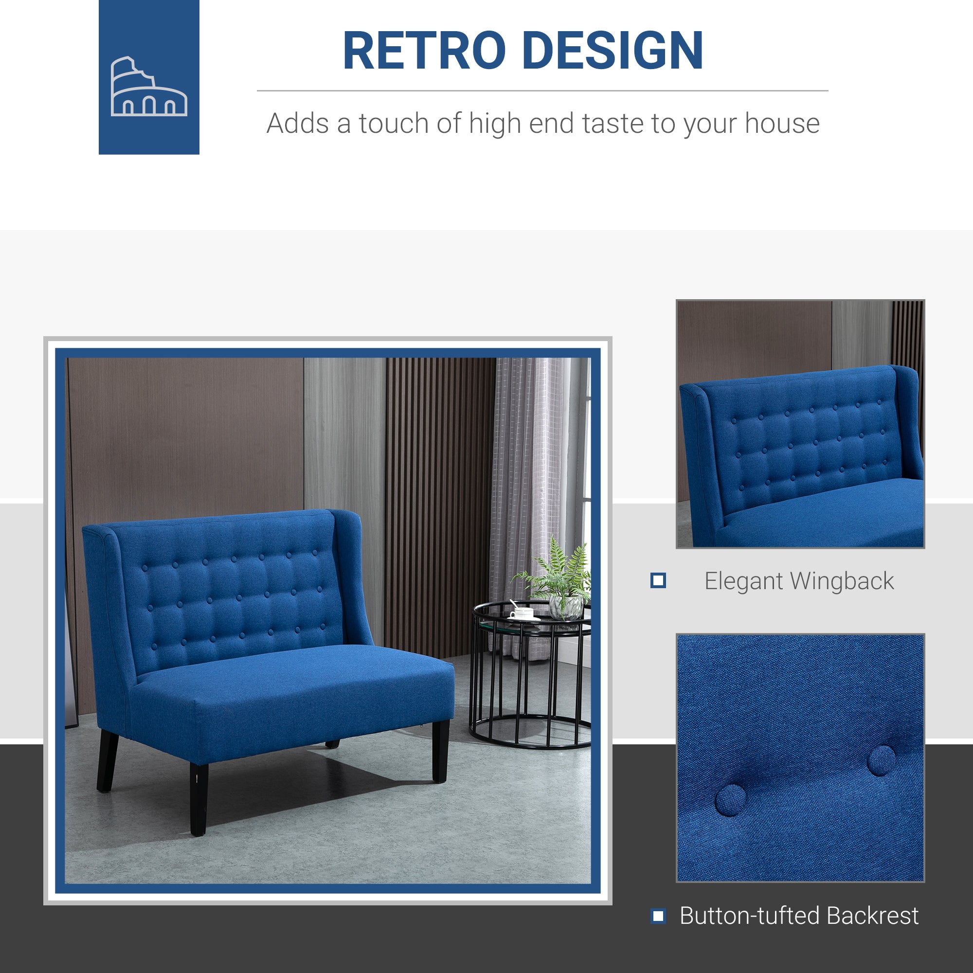 Wingback Double Sofa Linen Fabric Upholstery Button Tufted Loveseat Armless Couch Modern Contemporary Living Room Settee with Wood Legs, Blue