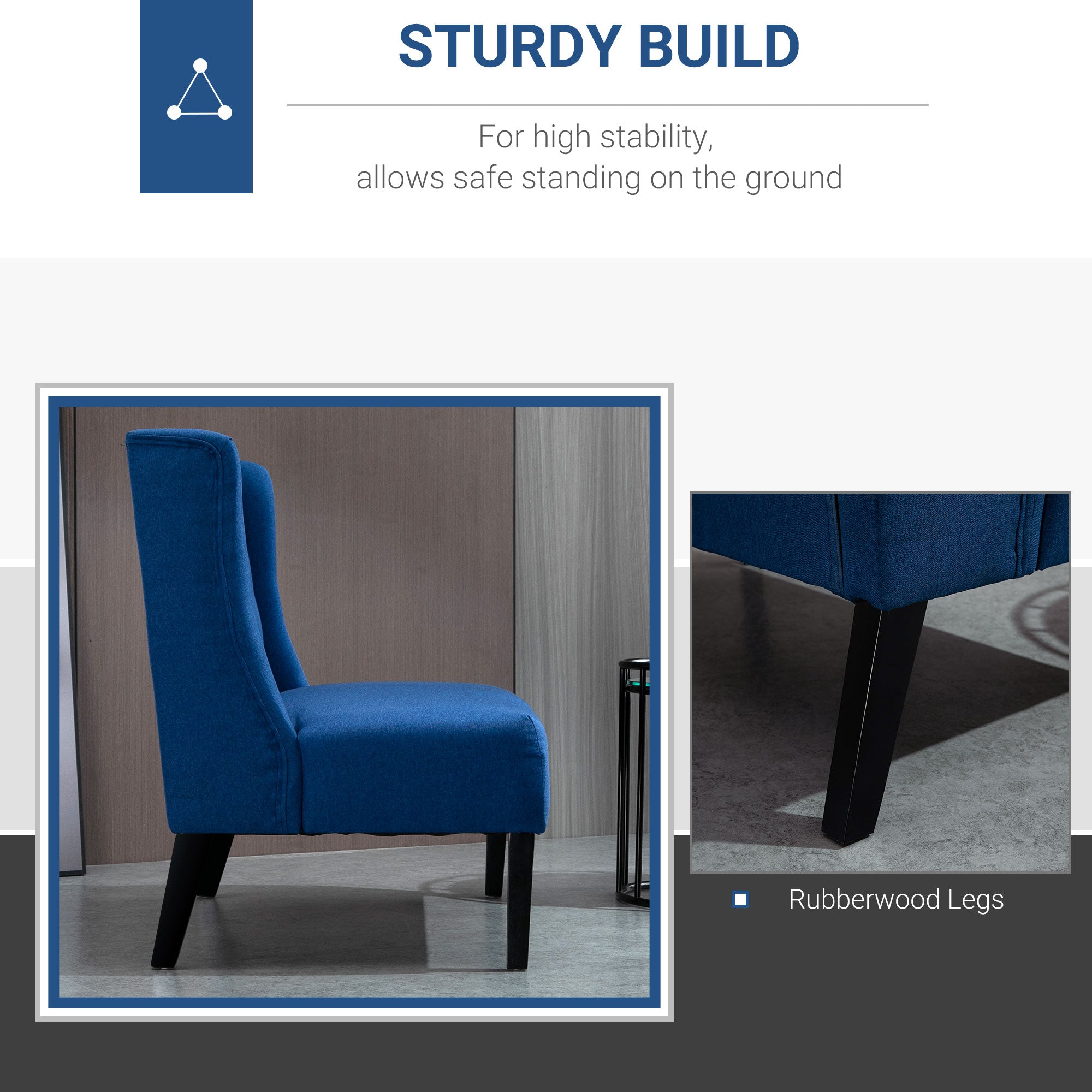 Wingback Double Sofa Linen Fabric Upholstery Button Tufted Loveseat Armless Couch Modern Contemporary Living Room Settee with Wood Legs, Blue