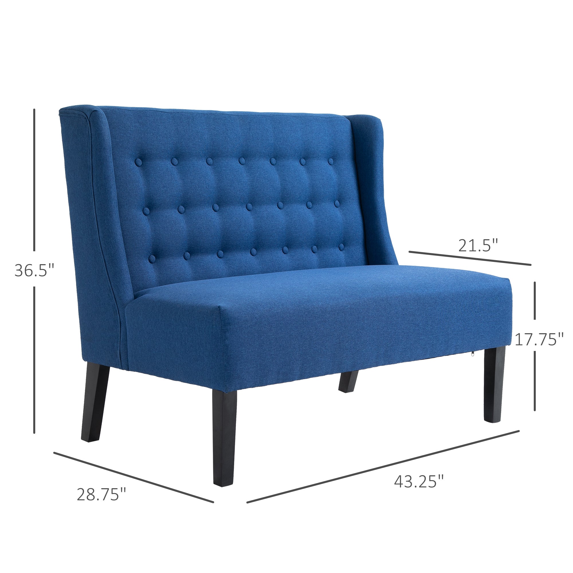 Wingback Double Sofa Linen Fabric Upholstery Button Tufted Loveseat Armless Couch Modern Contemporary Living Room Settee with Wood Legs, Blue