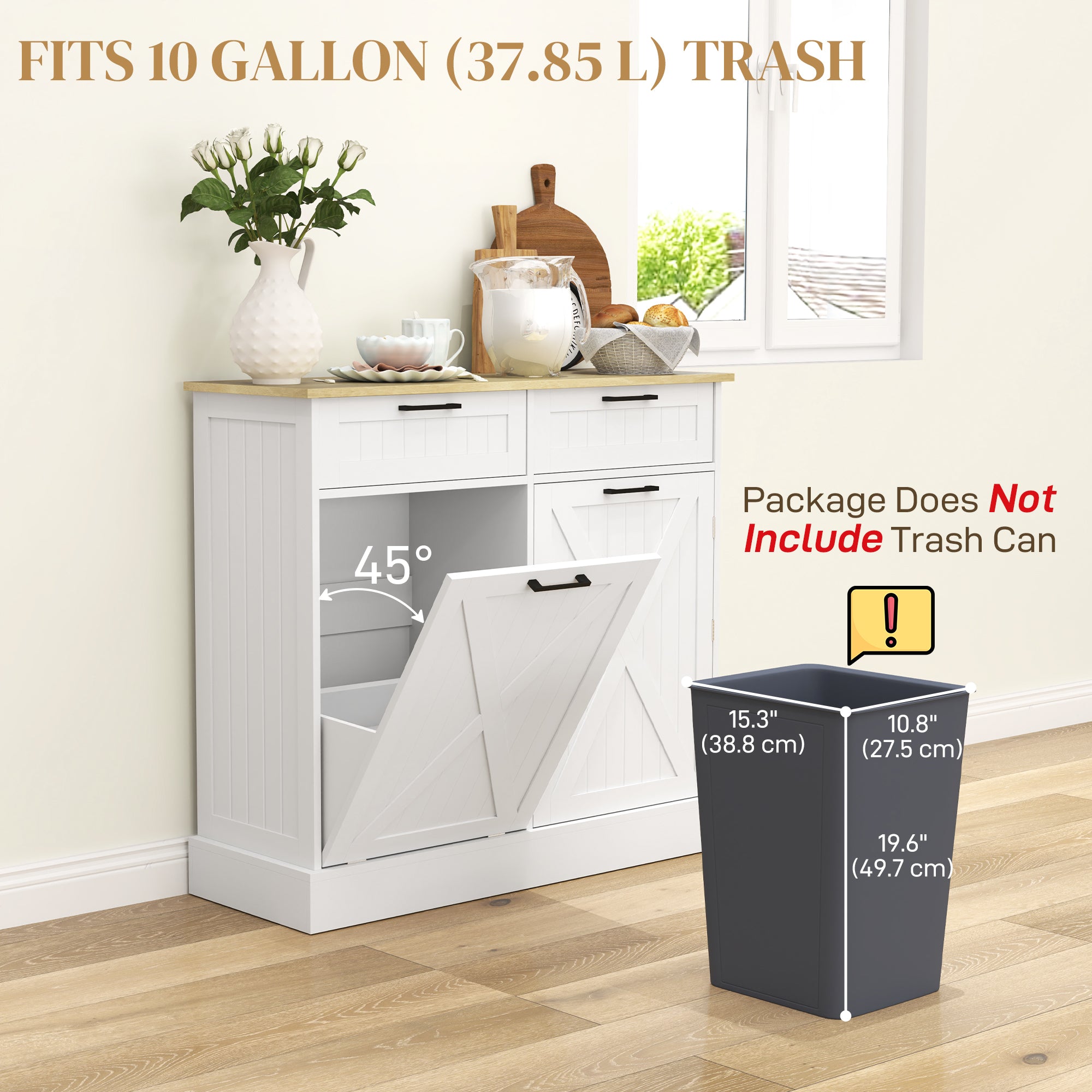 HOMCOM Tilt Out Trash Cabinet, Freestanding Kitchen Island with 2 Drawers, Hidden Garbage Bin Cabinet with Spice Rack for Laundry, Hallway, White