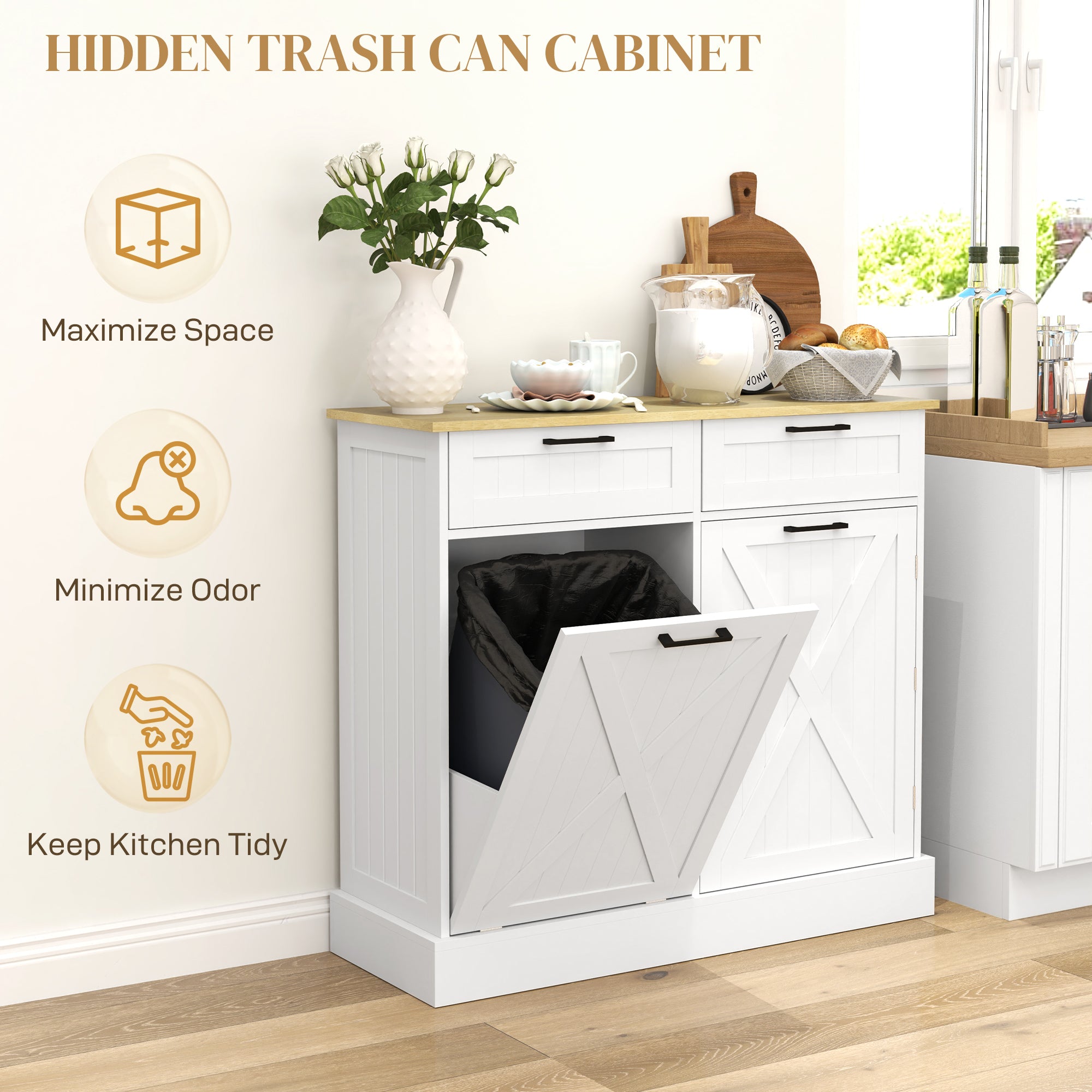 HOMCOM Tilt Out Trash Cabinet, Freestanding Kitchen Island with 2 Drawers, Hidden Garbage Bin Cabinet with Spice Rack for Laundry, Hallway, White