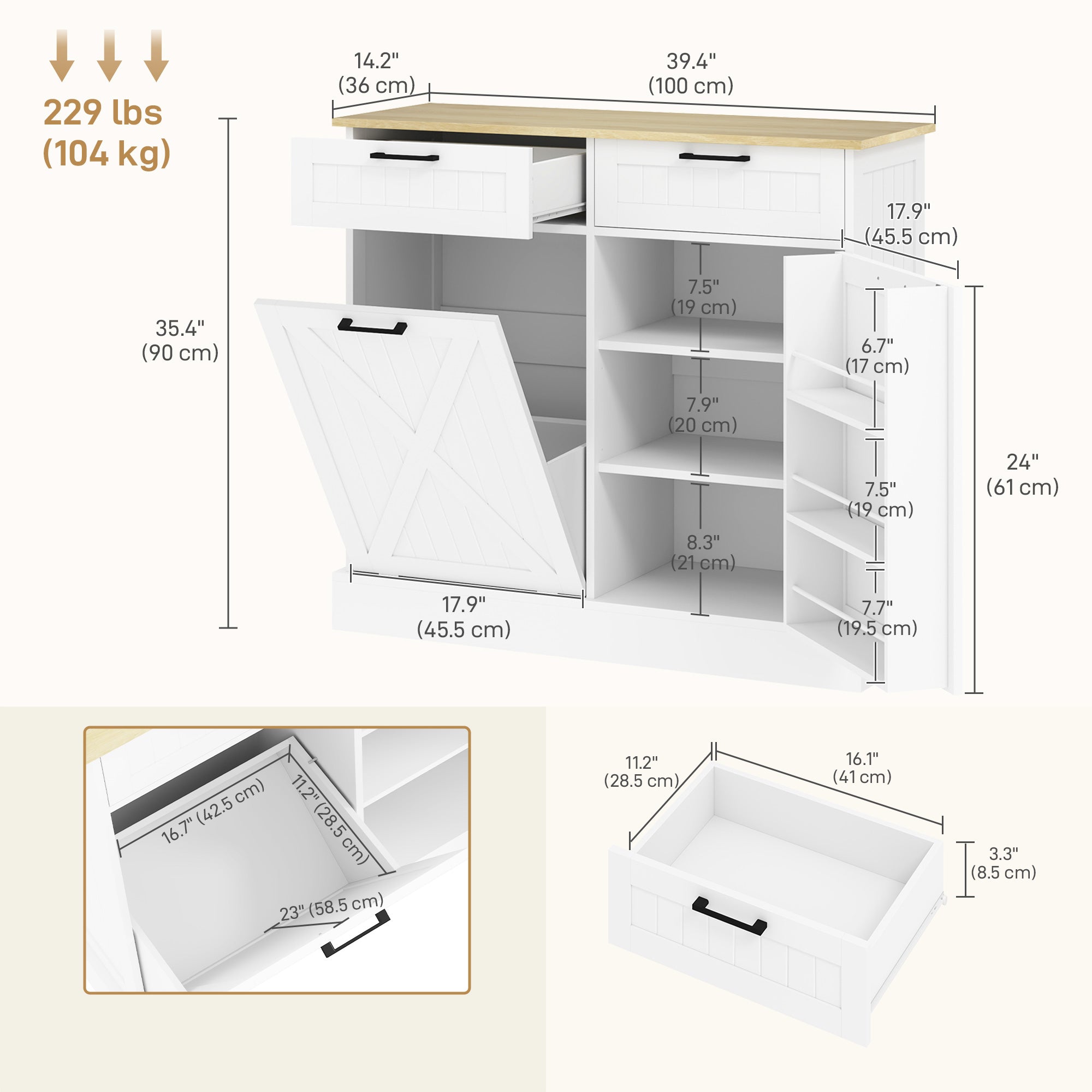 HOMCOM Tilt Out Trash Cabinet, Freestanding Kitchen Island with 2 Drawers, Hidden Garbage Bin Cabinet with Spice Rack for Laundry, Hallway, White