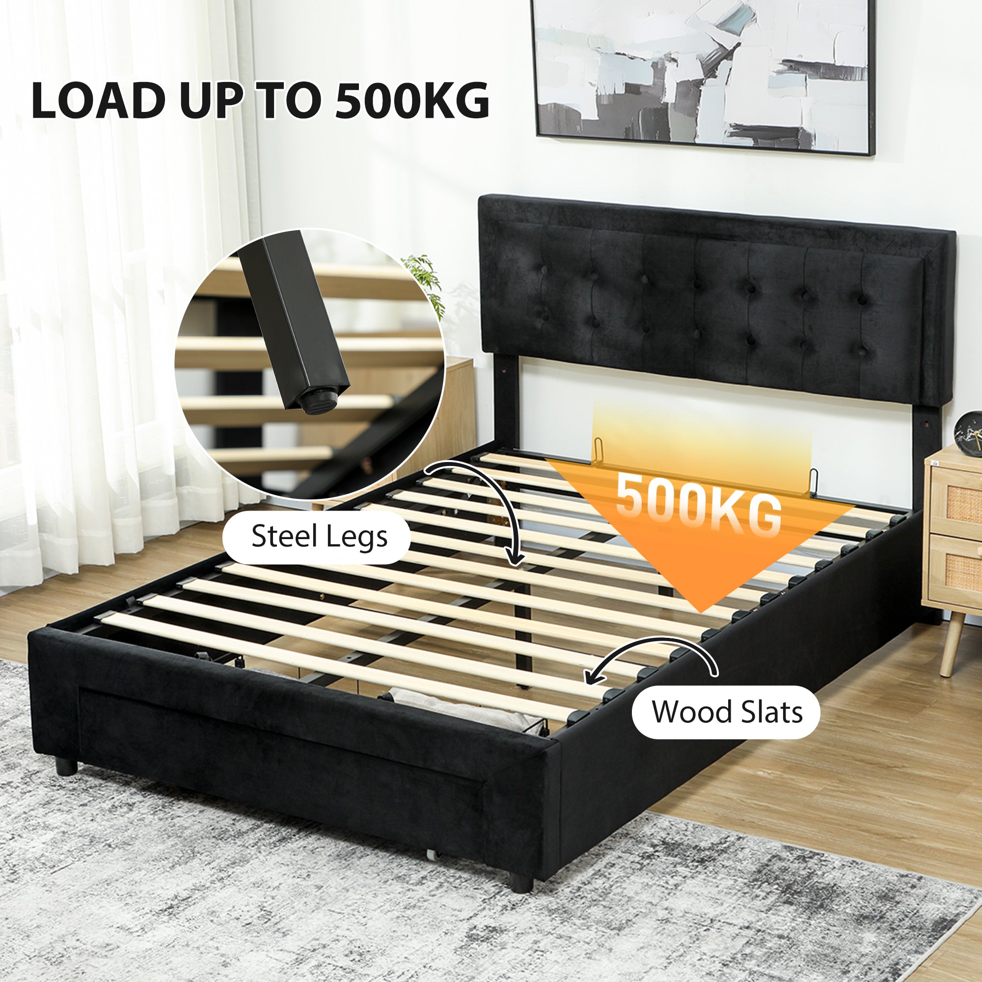 King Size Ottoman Bed Frame, 5ft Gas Lift Storage Bed with 2-Level Adjustable Velvet Upholstered Headboard, Wheeled Drawer and Wooden Slats, No Mattress, Black