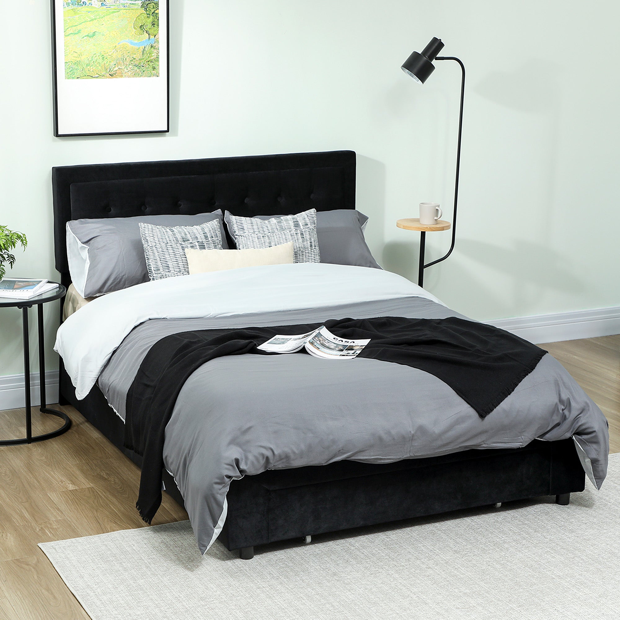 King Size Ottoman Bed Frame, 5ft Gas Lift Storage Bed with 2-Level Adjustable Velvet Upholstered Headboard, Wheeled Drawer and Wooden Slats, No Mattress, Black