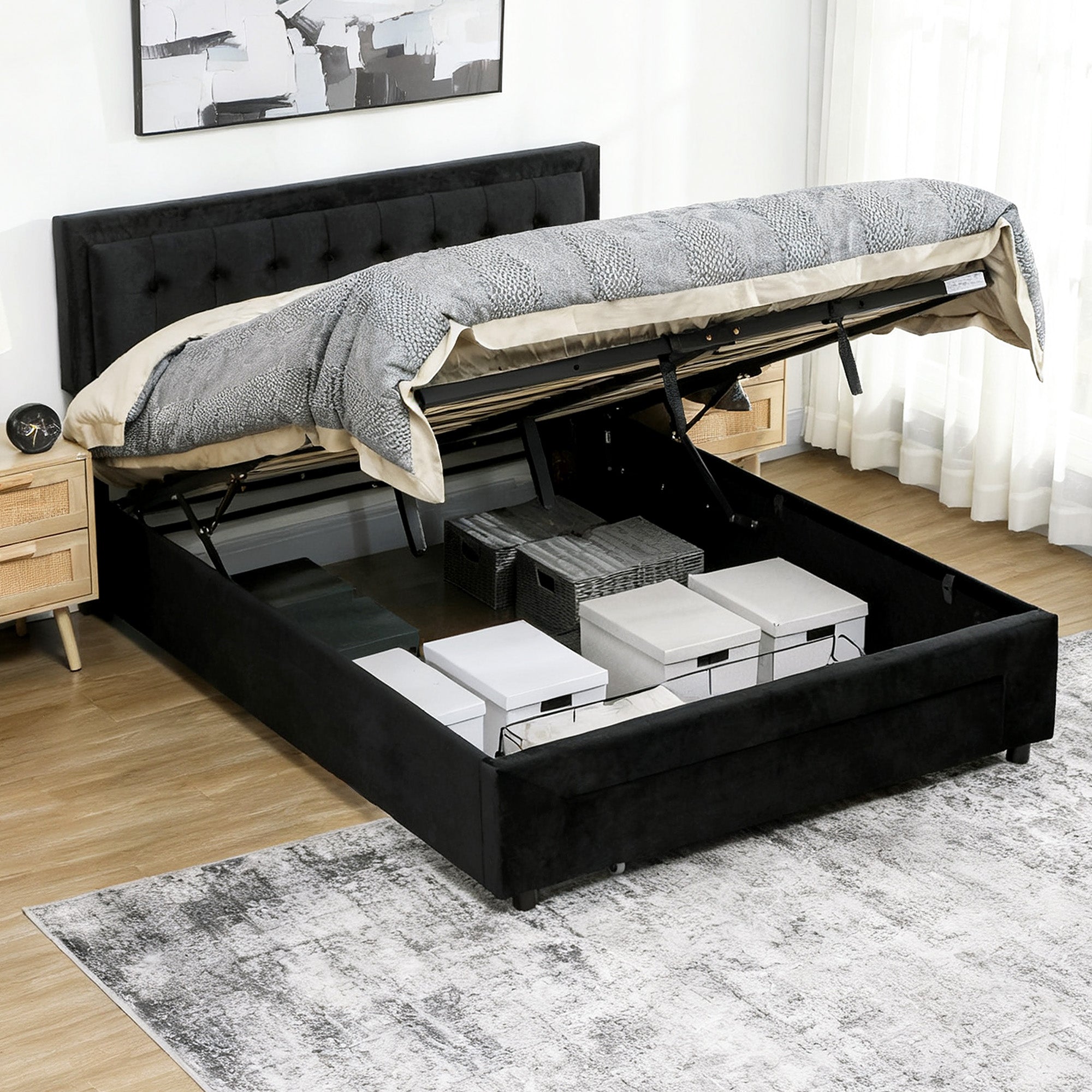 King Size Ottoman Bed Frame, 5ft Gas Lift Storage Bed with 2-Level Adjustable Velvet Upholstered Headboard, Wheeled Drawer and Wooden Slats, No Mattress, Black