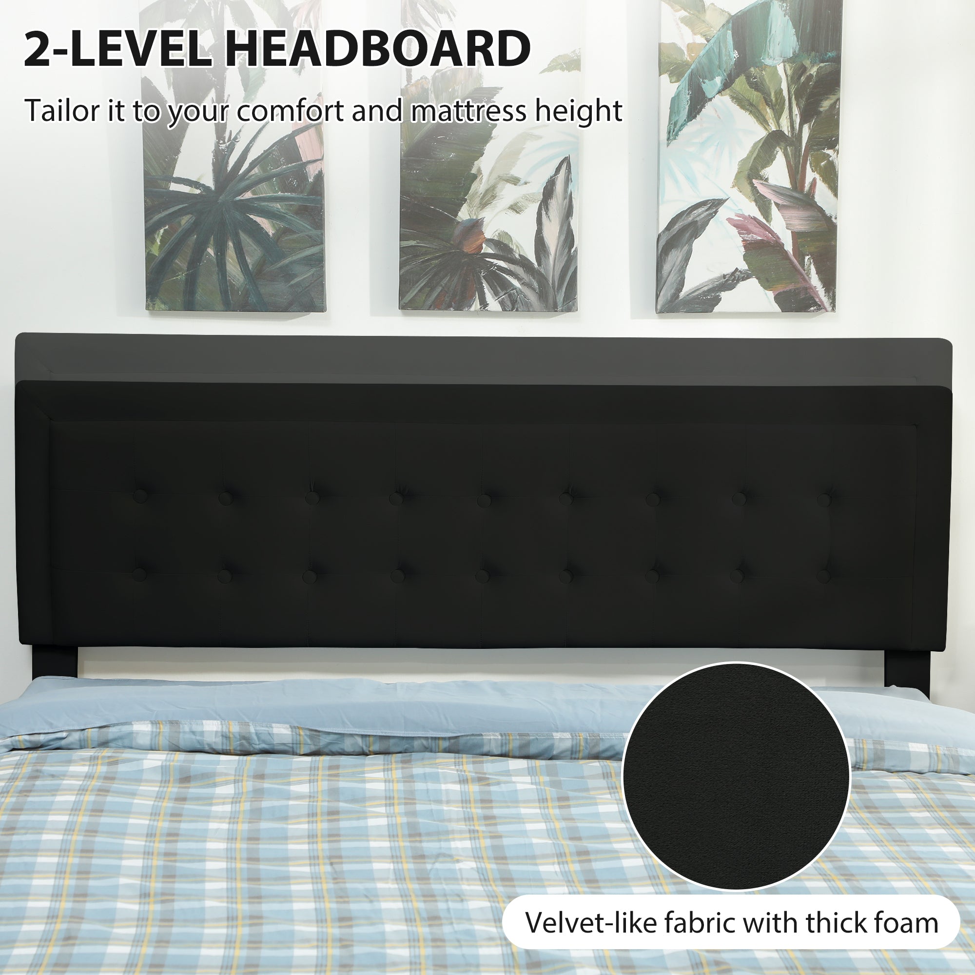 King Size Ottoman Bed Frame, 5ft Gas Lift Storage Bed with 2-Level Adjustable Velvet Upholstered Headboard, Wheeled Drawer and Wooden Slats, No Mattress, Black