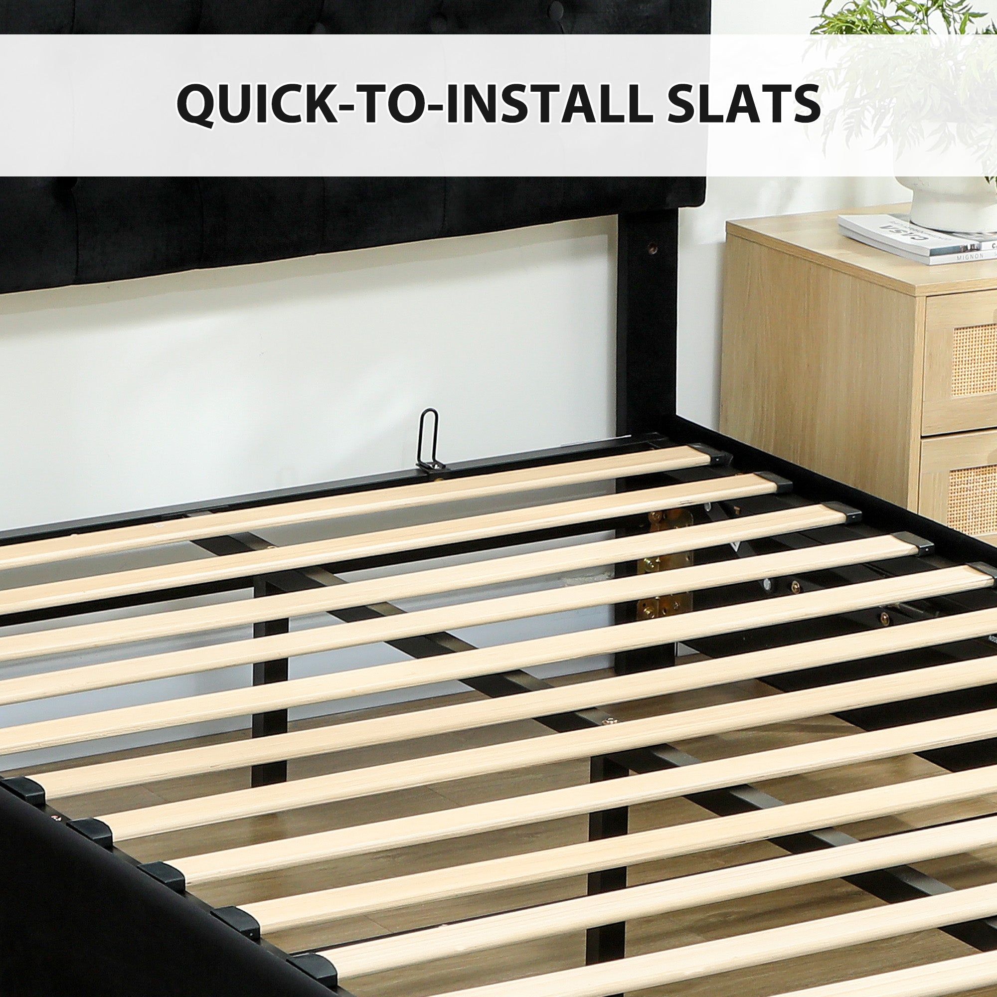 King Size Ottoman Bed Frame, 5ft Gas Lift Storage Bed with 2-Level Adjustable Velvet Upholstered Headboard, Wheeled Drawer and Wooden Slats, No Mattress, Black