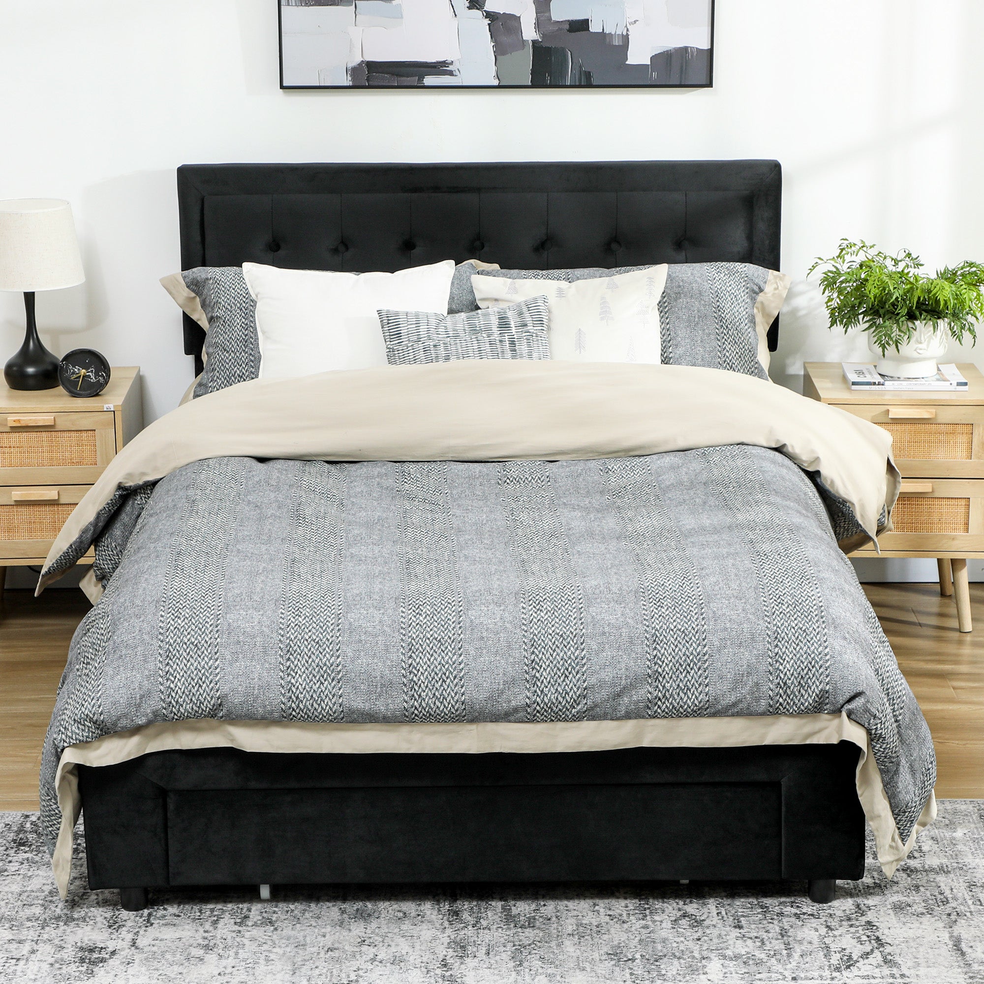 King Size Ottoman Bed Frame, 5ft Gas Lift Storage Bed with 2-Level Adjustable Velvet Upholstered Headboard, Wheeled Drawer and Wooden Slats, No Mattress, Black