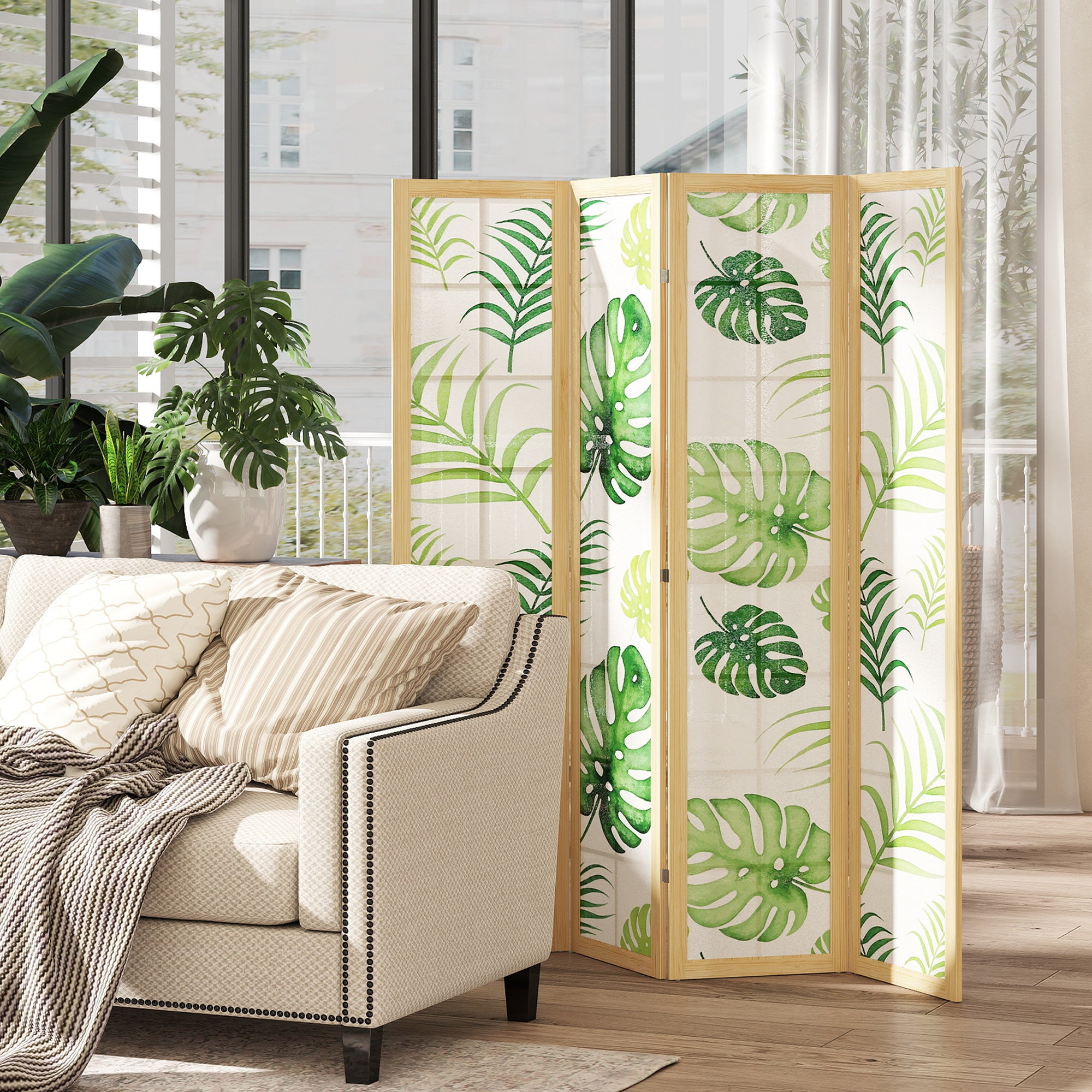 4 Panel Room Divider, 67" Boho Folding Privacy Screen with Tropical Palm Leaf Design, Freestanding Pine Wood Partition for Living Room Bedroom Office, Natural and Green