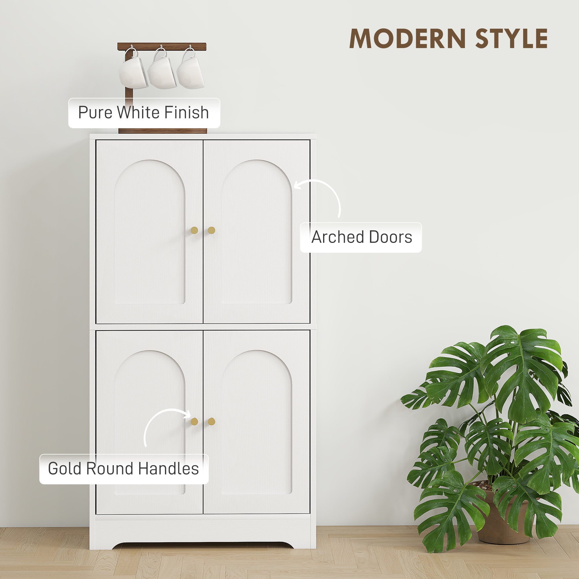 110cm Kitchen Cupboard, Freestanding Kitchen Storage Cabinet with 4 Arched Doors and 2 Adjustable Shelves, Modern Pantry Cupboard for Dining Room, White