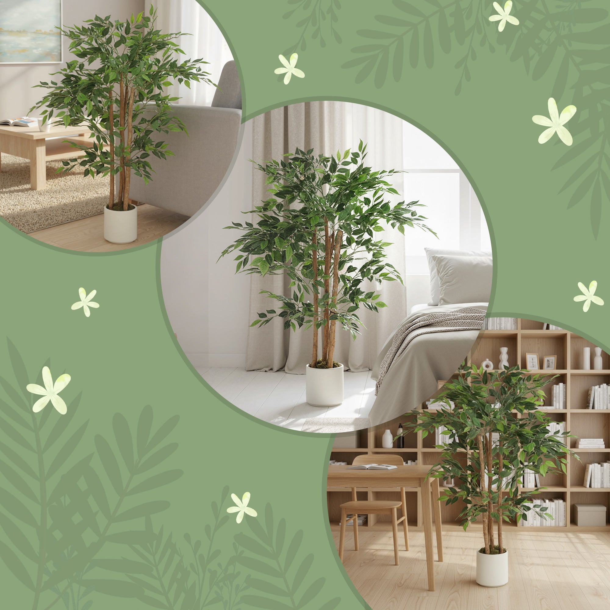 4FT Artificial Banyan Tree Set of 2, Lifelike Fake Tree with Solid Wood Trunk and Pot for Indoor Living Room Home Office Decor, Green