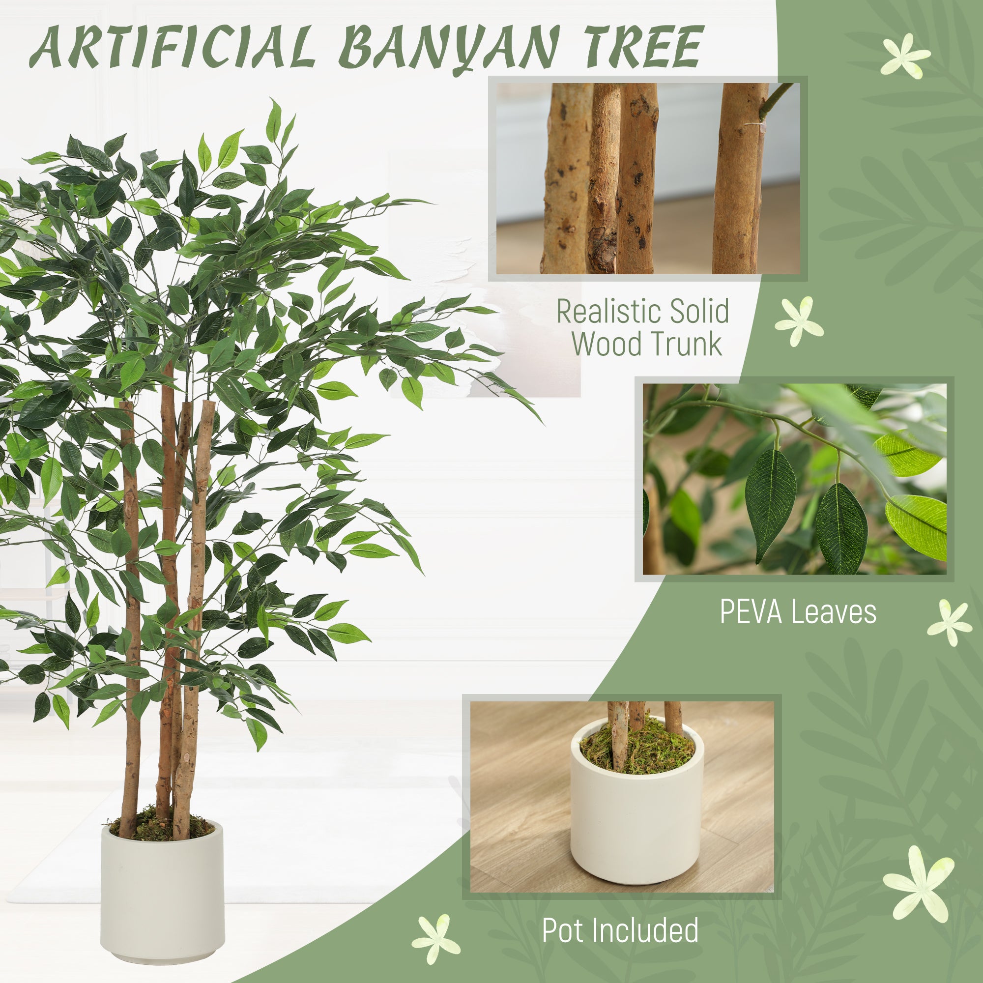 4FT Artificial Banyan Tree Set of 2, Lifelike Fake Tree with Solid Wood Trunk and Pot for Indoor Living Room Home Office Decor, Green