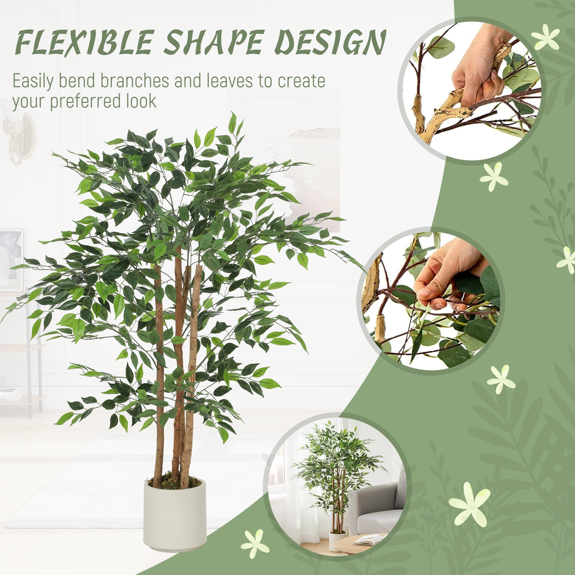 4FT Artificial Banyan Tree Set of 2, Lifelike Fake Tree with Solid Wood Trunk and Pot for Indoor Living Room Home Office Decor, Green