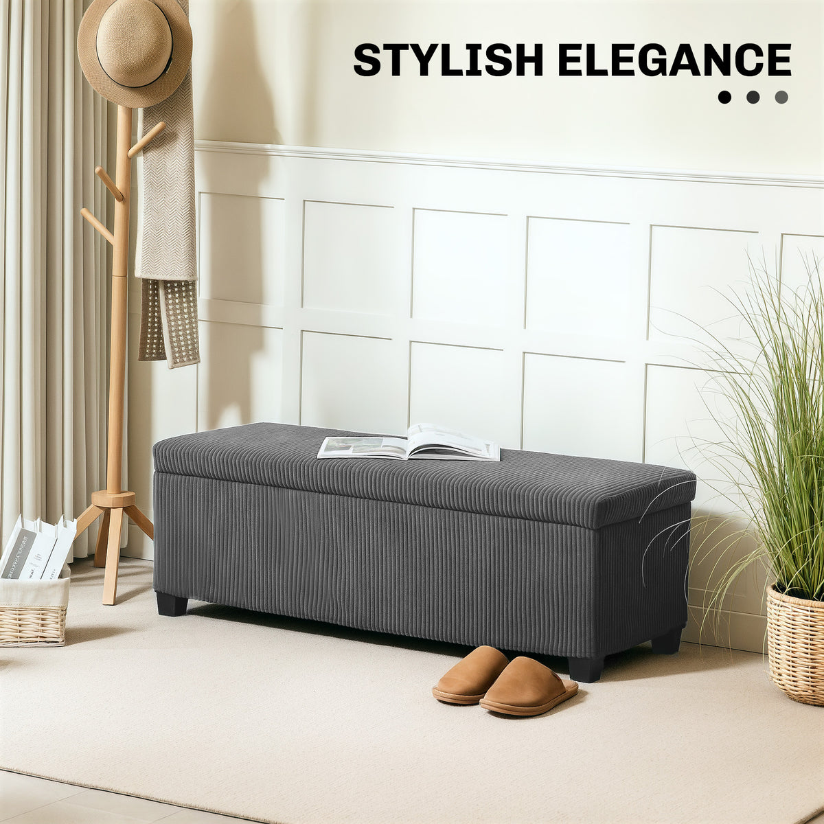 Storage Ottoman Bench, Corduroy Bedroom Bench with Storage, Removable Lid, Legs, 44 Inches Foot Stool for Living Room, Bedroom, Entryway, Grey