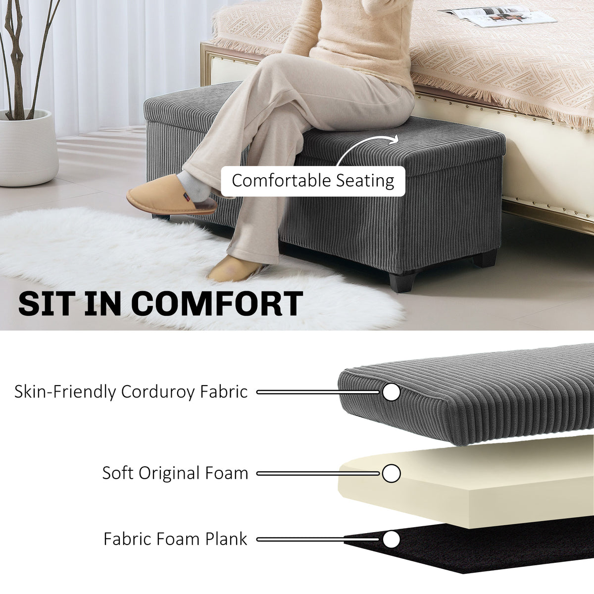 Storage Ottoman Bench, Corduroy Bedroom Bench with Storage, Removable Lid, Legs, 44 Inches Foot Stool for Living Room, Bedroom, Entryway, Grey