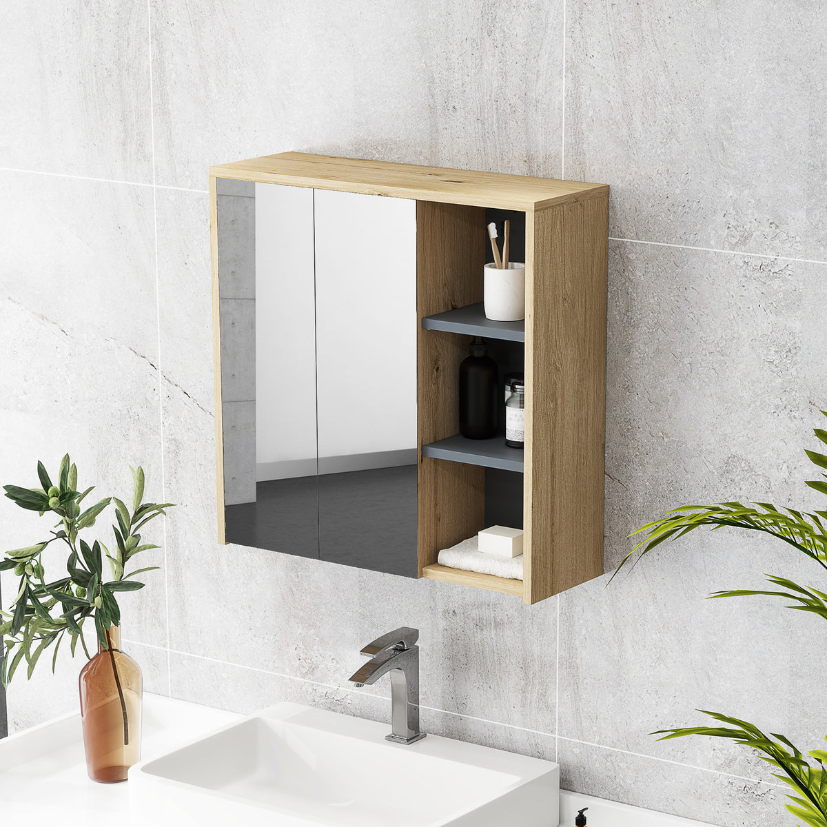 Bathroom Medicine Cabinet with Mirror, Wall Mount Mirror Cabinet with Open Shelves, 2 Soft-Close Doors, Bathroom Storage Organizer, Natural