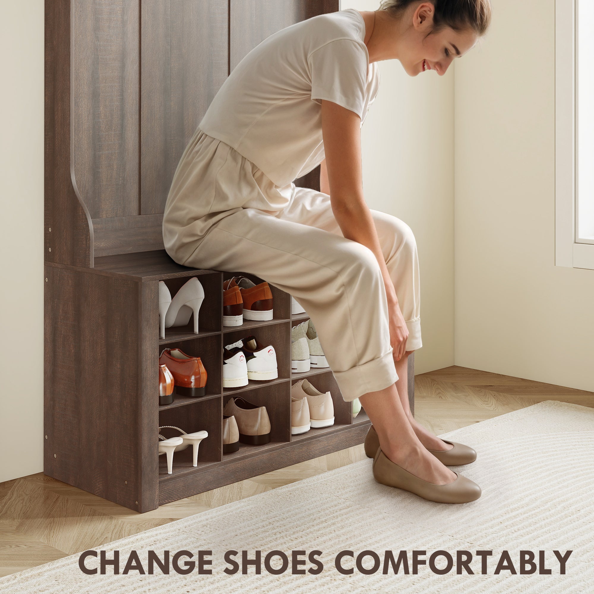 4-In-1 Hall Tree with Bench and Shoe Storage, Farmhouse Entryway Coat Rack Shoe Bench with 12 Shoe Cubbies, 6 Hooks and Open Shelf for Hallway, Dark Brown