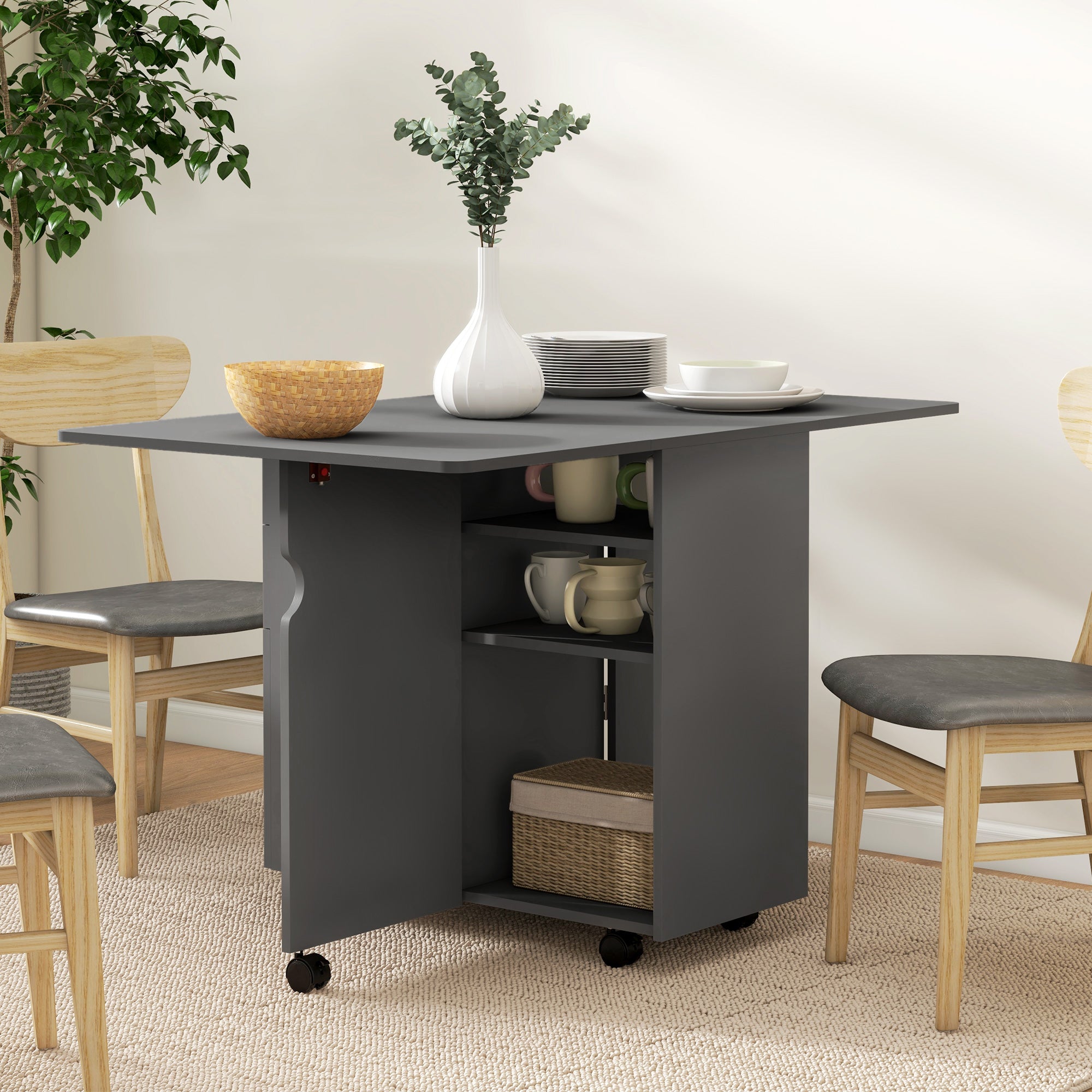 HOMCOM Folding Dining Table, Drop Leaf Table for Small Spaces with 2 Drawers, Cabinet and 6 Wheels, Small Kitchen Table, Grey