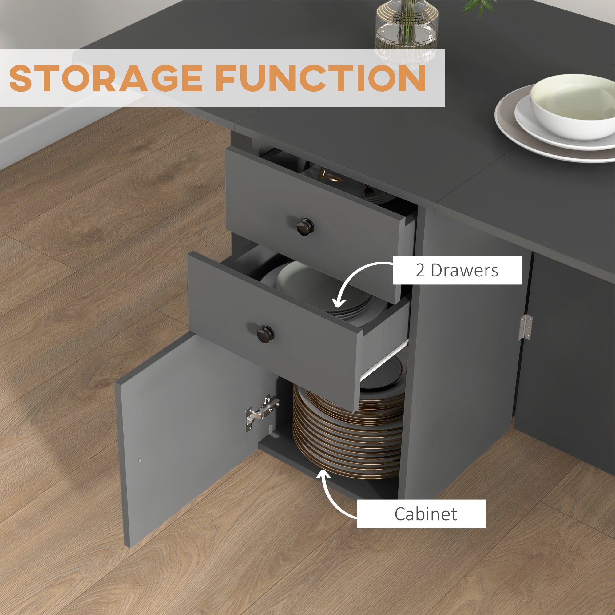 HOMCOM Folding Dining Table, Drop Leaf Table for Small Spaces with 2 Drawers, Cabinet and 6 Wheels, Small Kitchen Table, Grey