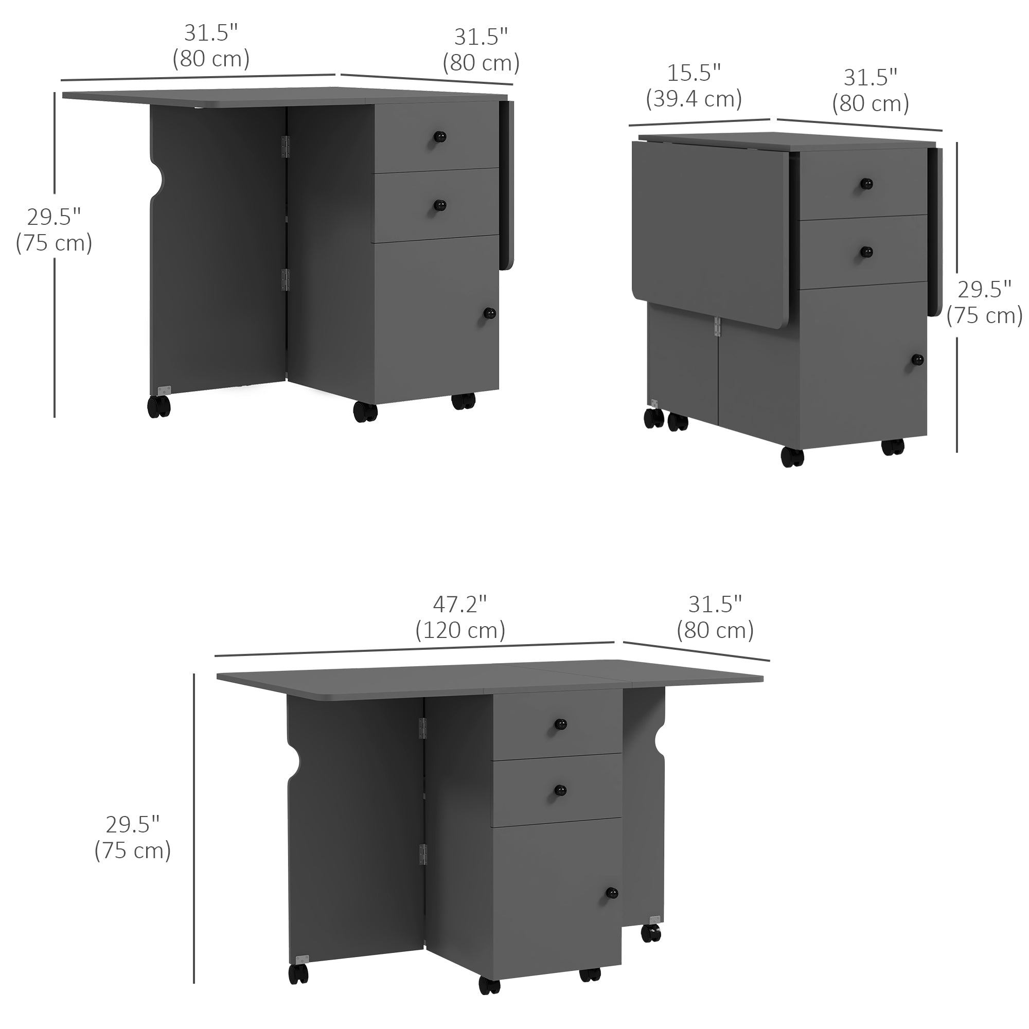 HOMCOM Folding Dining Table, Drop Leaf Table for Small Spaces with 2 Drawers, Cabinet and 6 Wheels, Small Kitchen Table, Grey