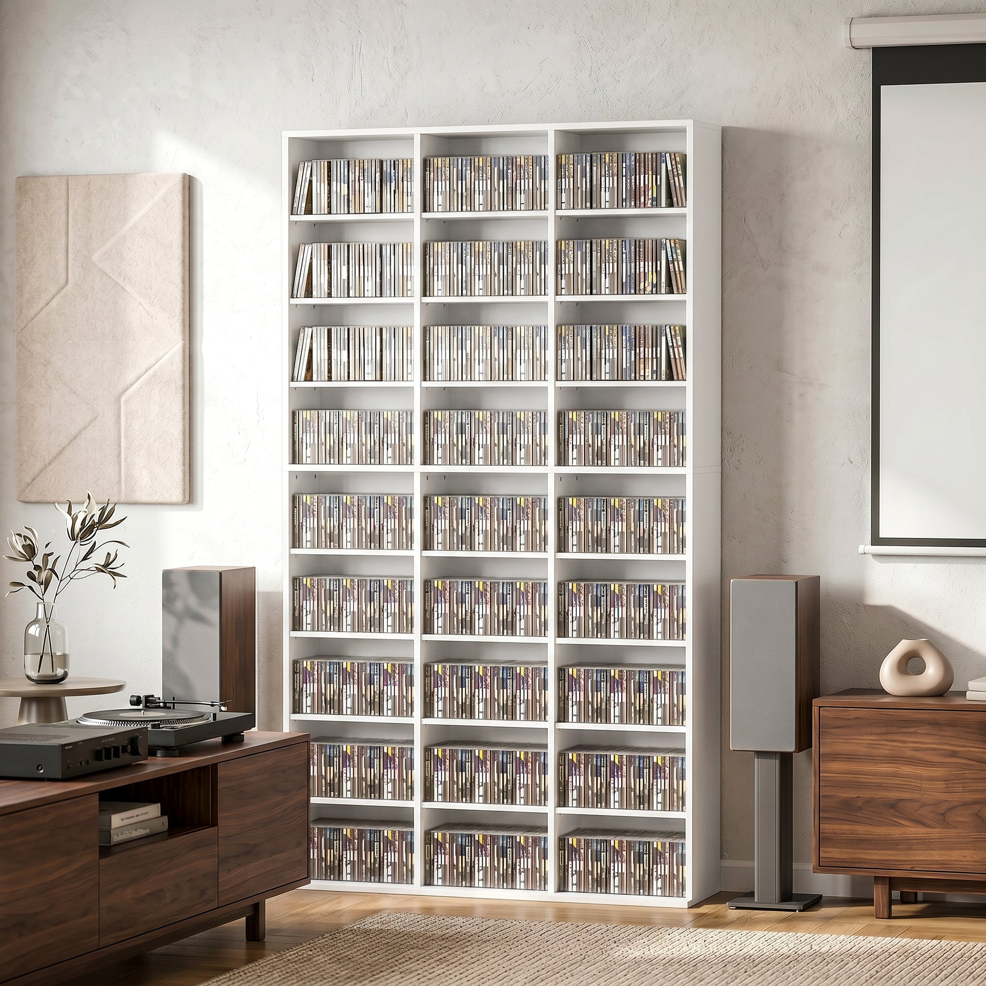 835 CD/500 DVD Storage Unit, Blu-ray Media Storage Shelf with 27 Compartments and 21 Adjustable Shelves, CD Tower for Living Room, Bedroom, Office, White