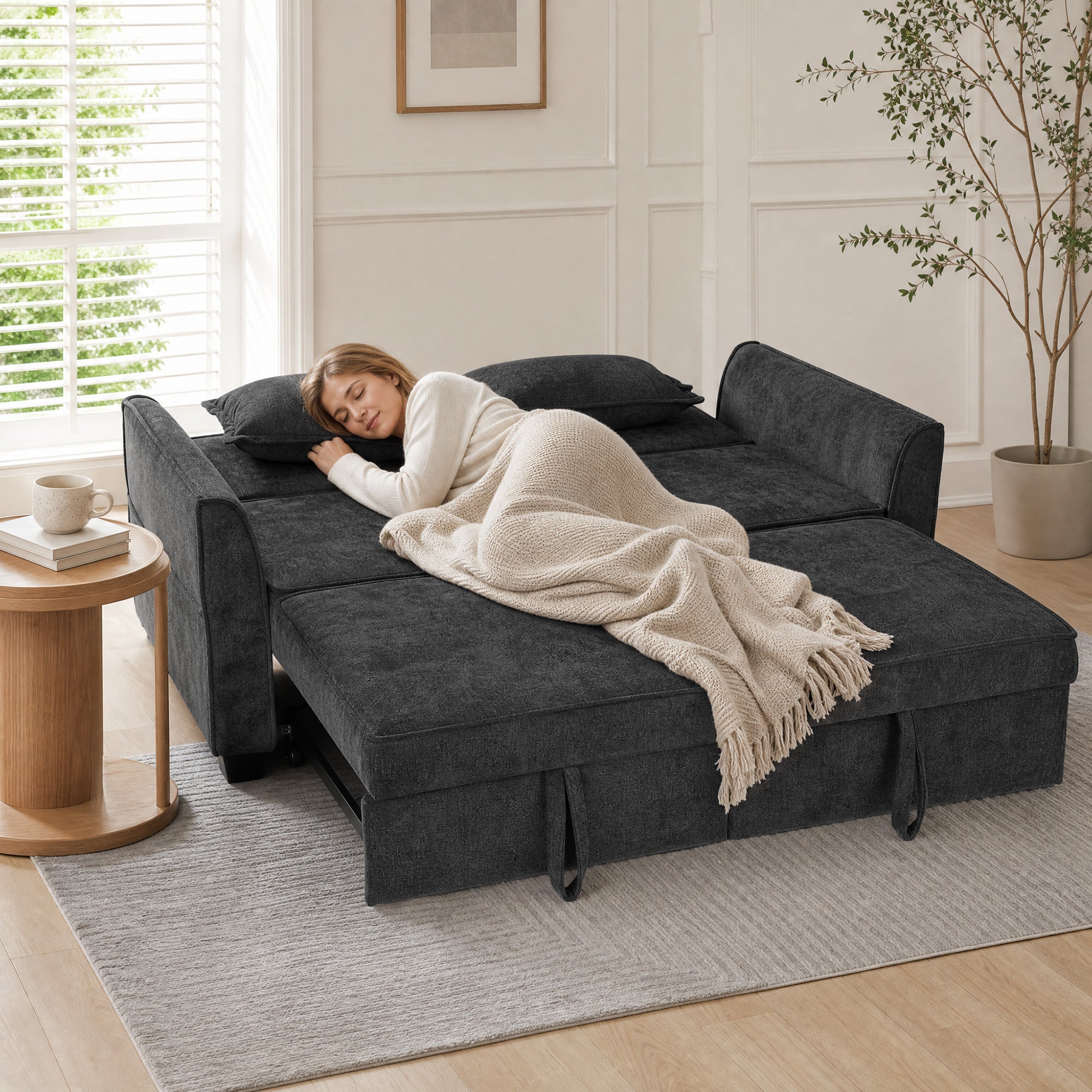 2 Seater Sofa Bed, 4-in-1 L Shaped Convertible Pull Out Sleeper Sofa with Adjustable Backrest, Chenille Loveseat with 2 Pillows, Wide Deep Seat, Side Pockets for Living Room, Black