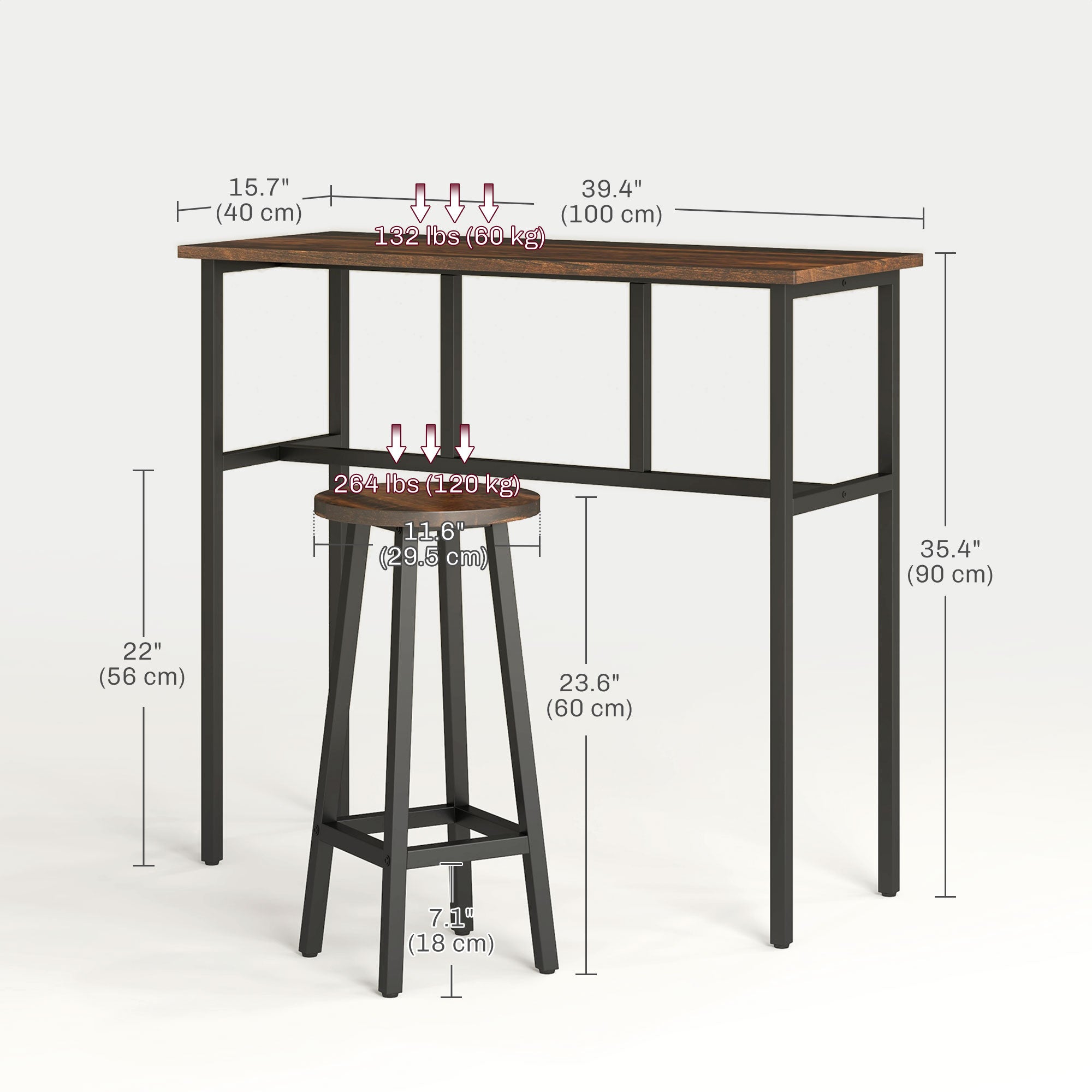 HOMCOM 6-Piece Bar Table Set, 2 Breakfast Tables with 4 Stools, Counter Height Dining Tables & Chairs for Kitchen, Living Room, Rustic Brown