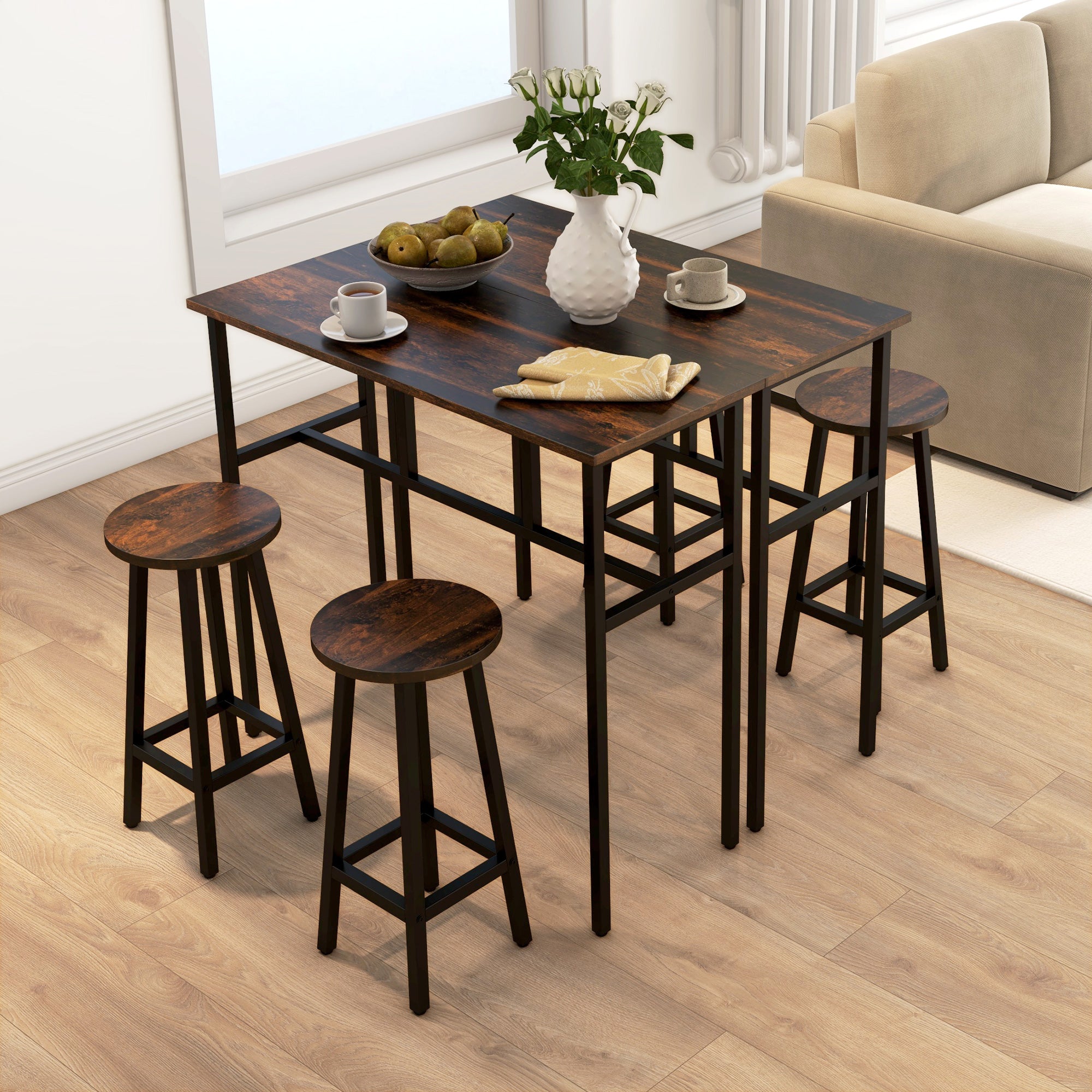 HOMCOM 6-Piece Bar Table Set, 2 Breakfast Tables with 4 Stools, Counter Height Dining Tables & Chairs for Kitchen, Living Room, Rustic Brown