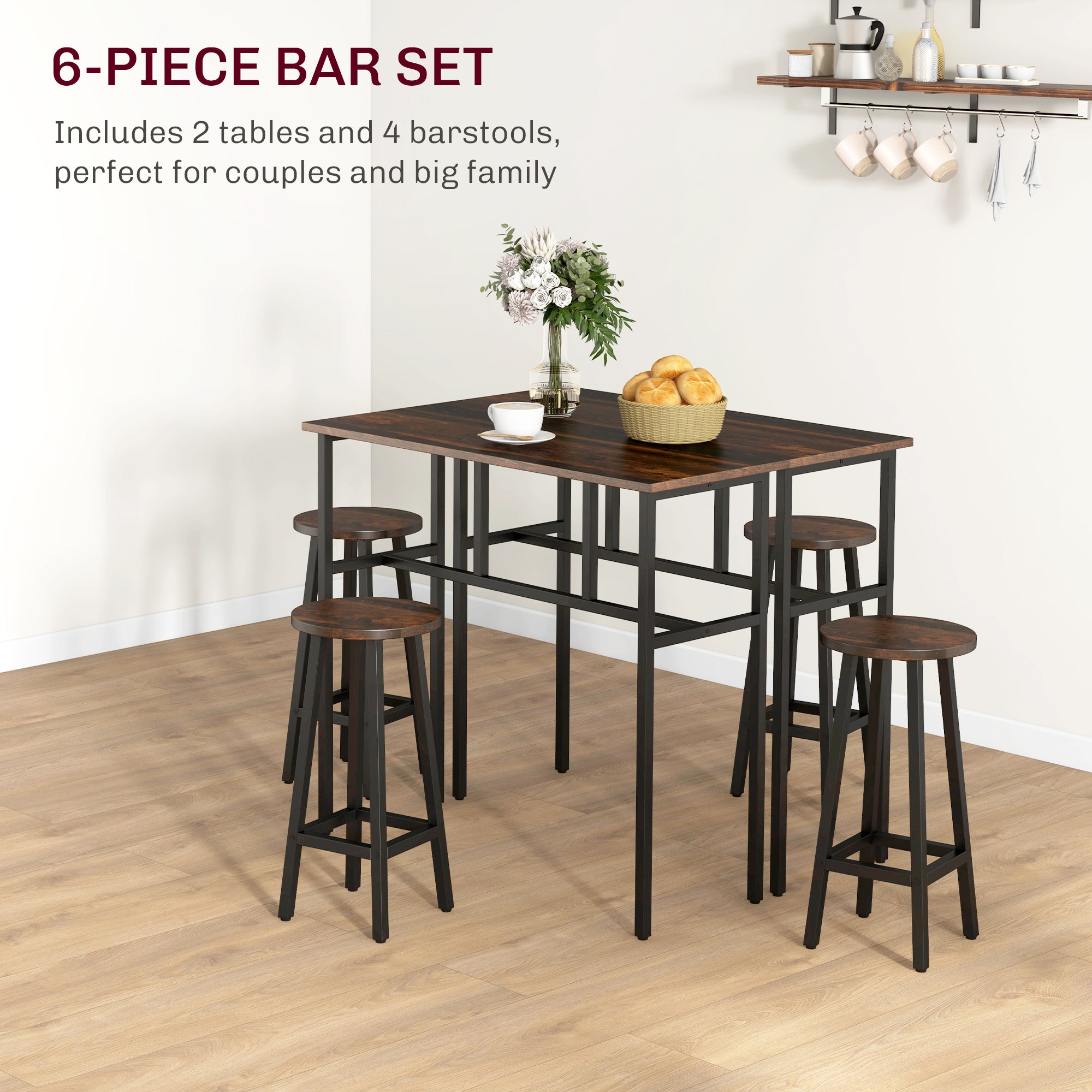 HOMCOM 6-Piece Bar Table Set, 2 Breakfast Tables with 4 Stools, Counter Height Dining Tables & Chairs for Kitchen, Living Room, Rustic Brown