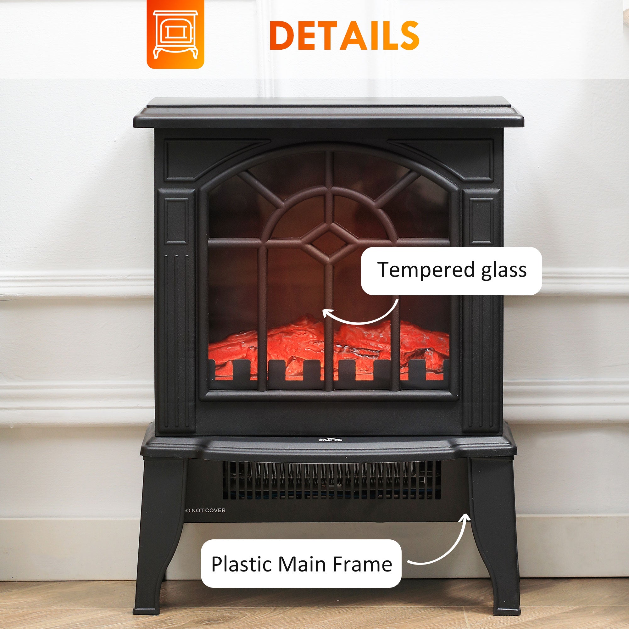 Electric Fireplace Heater, Freestanding Fireplace Stove with Realistic Flames Overheating Protection 750W/1500W, Black