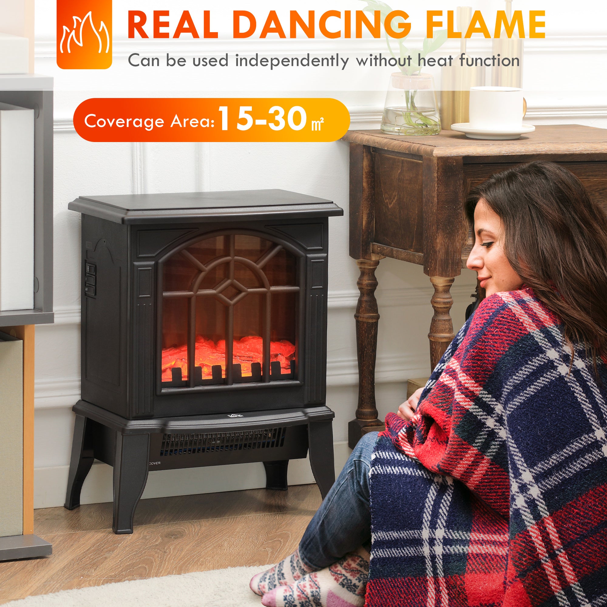 Electric Fireplace Heater, Freestanding Fireplace Stove with Realistic Flames Overheating Protection 750W/1500W, Black