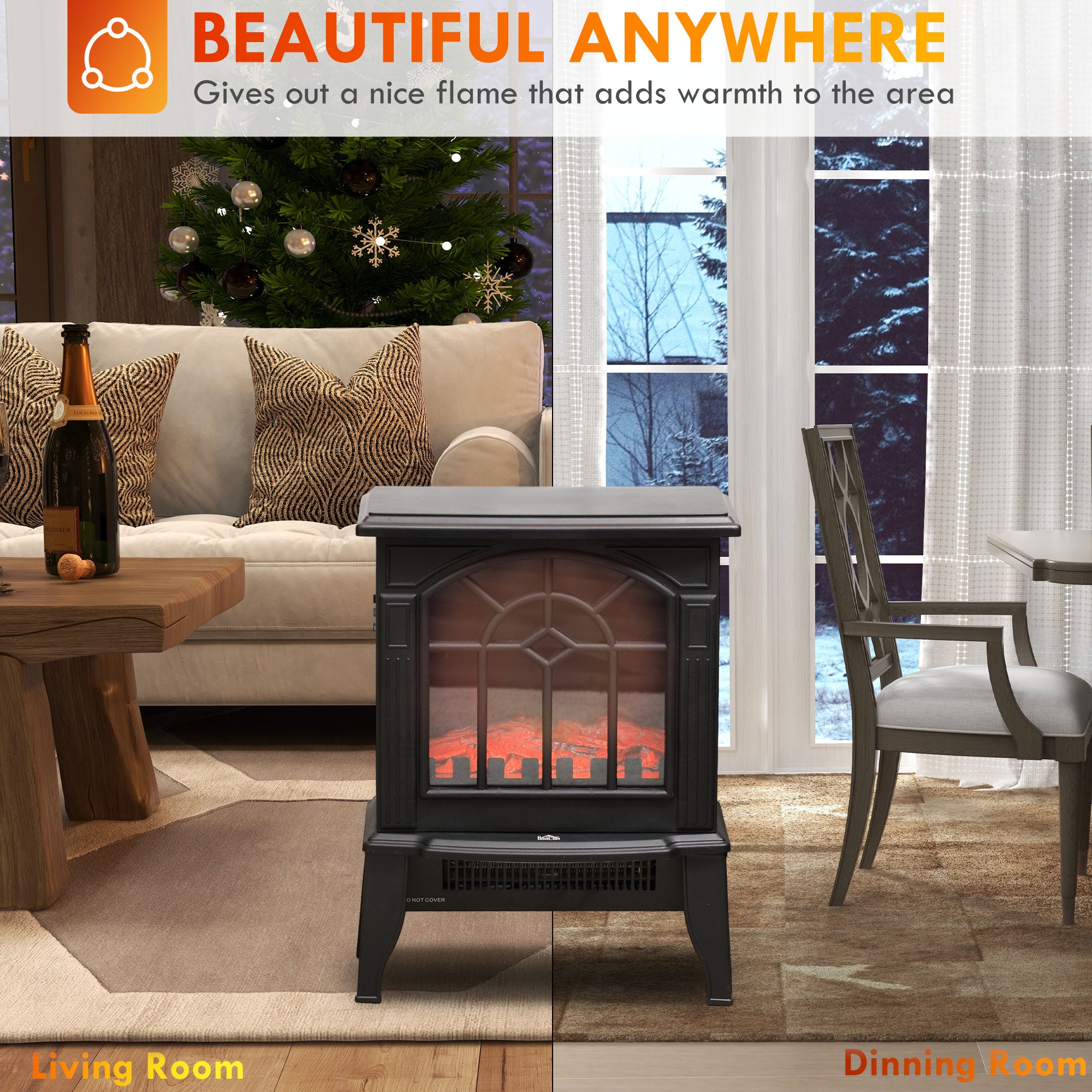 Electric Fireplace Heater, Freestanding Fireplace Stove with Realistic Flames Overheating Protection 750W/1500W, Black