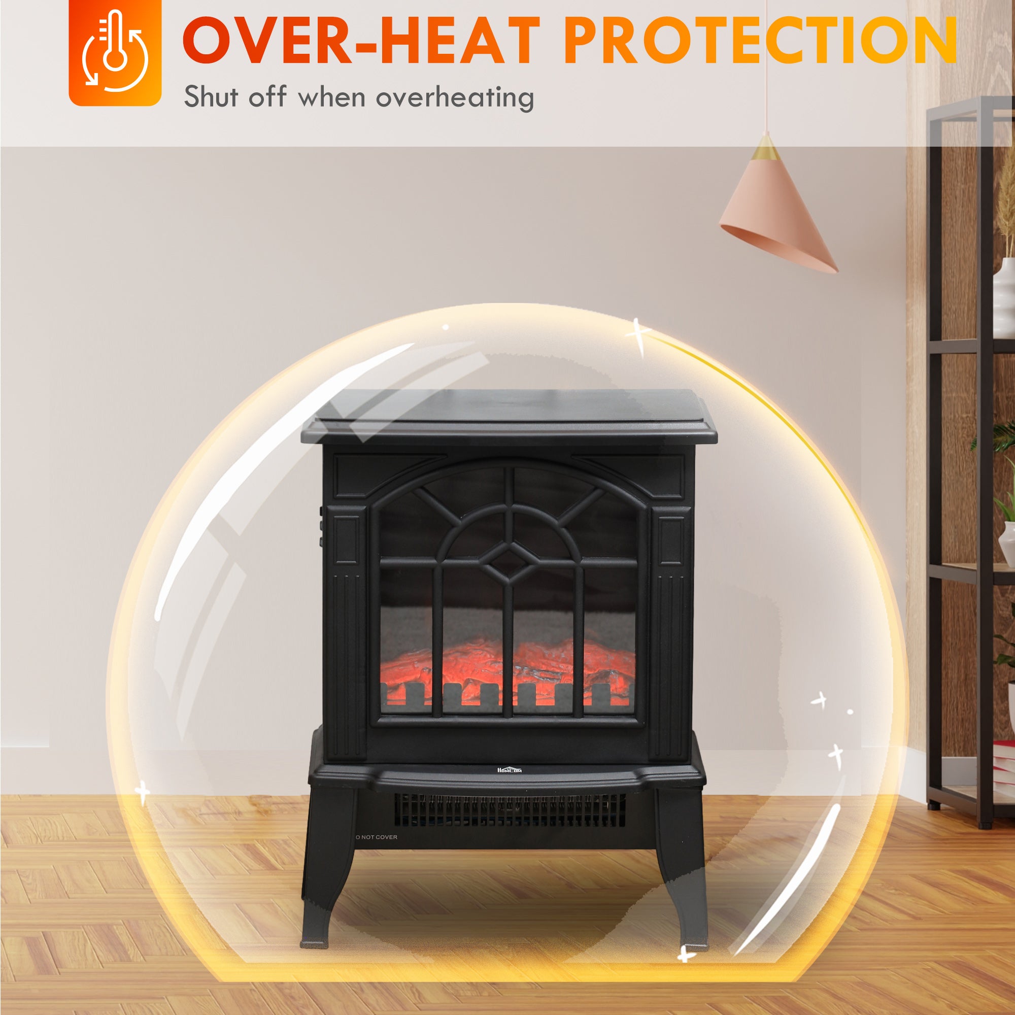 Electric Fireplace Heater, Freestanding Fireplace Stove with Realistic Flames Overheating Protection 750W/1500W, Black