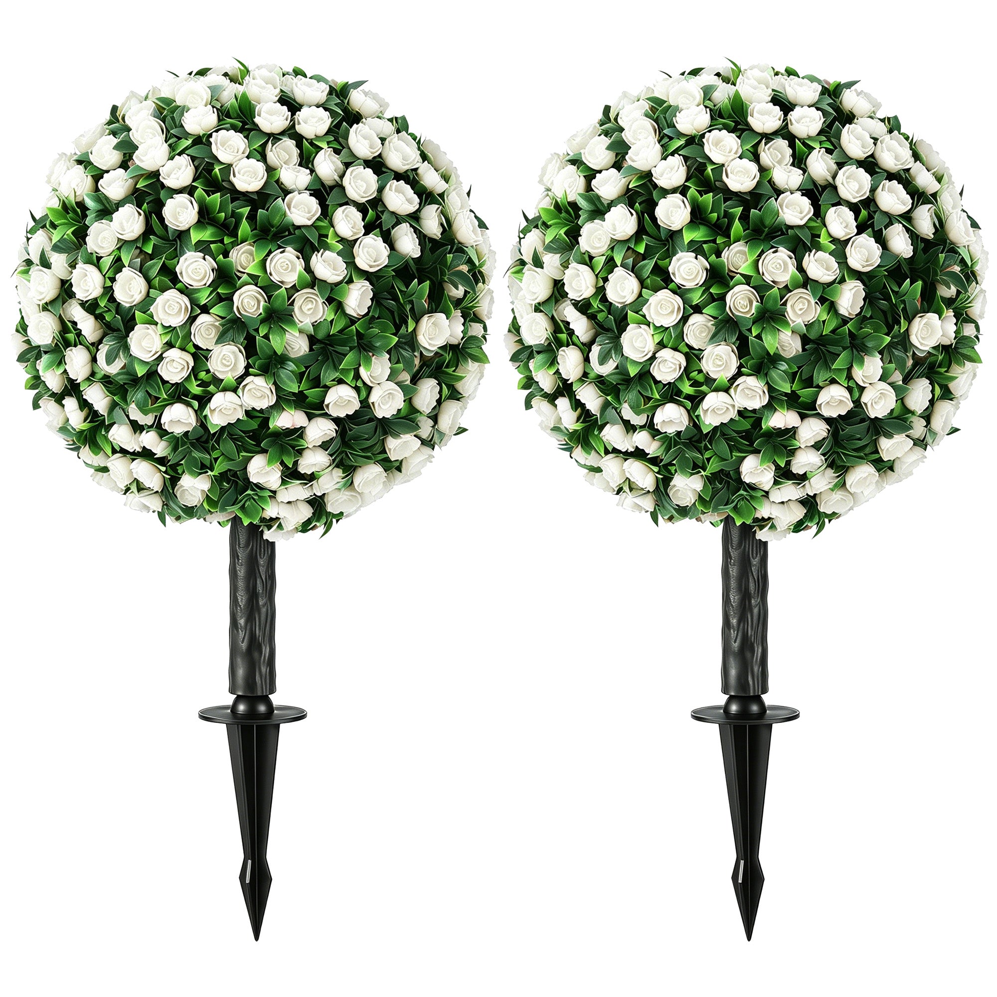 Set of 2 55 cm Artificial Rose Topiary with Ground Stake, UV-Resistant Fake Plants with 306 Roses and Leaves for Indoor Outdoor Home Office Garden Decor, White