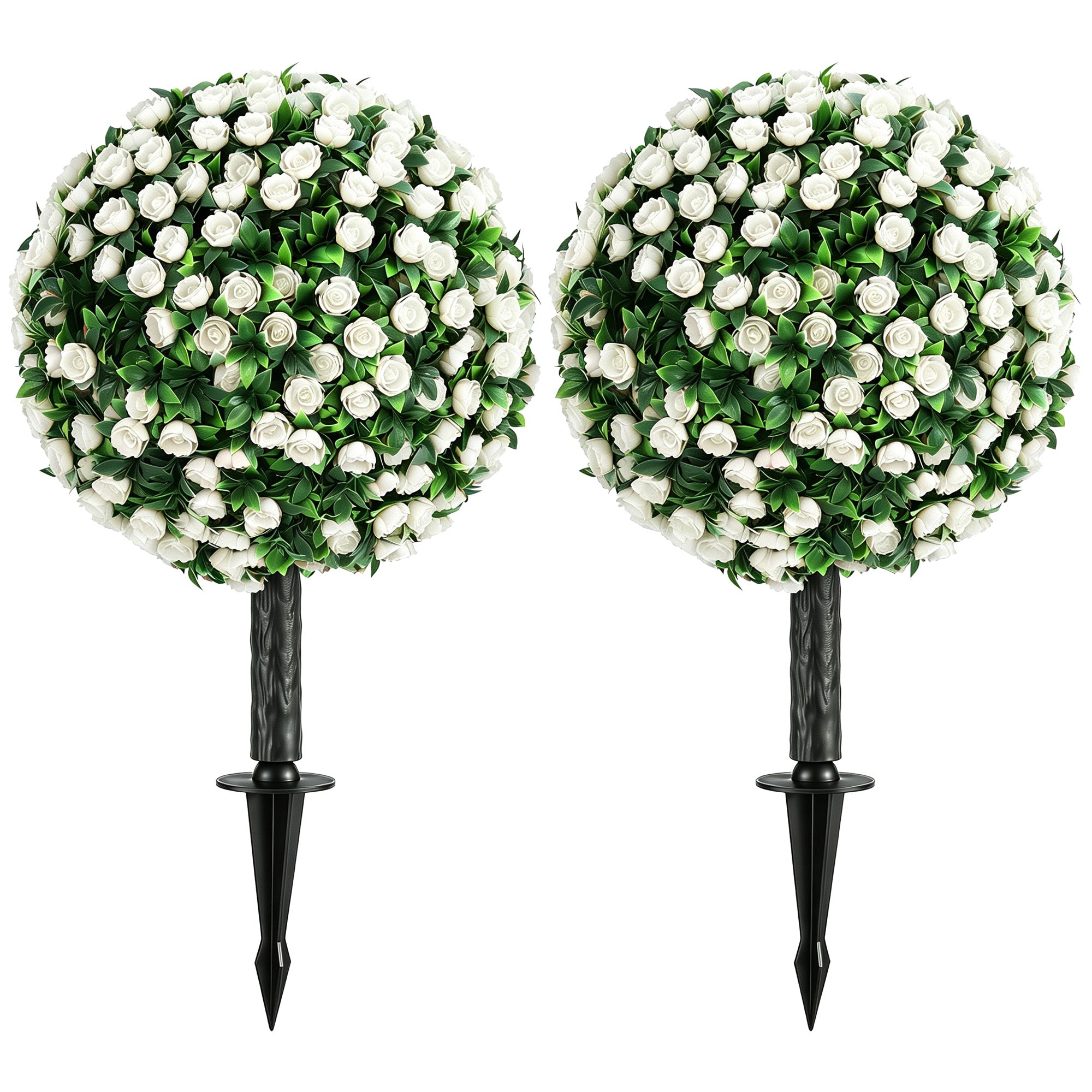 Set of 2 55 cm Artificial Rose Topiary with Ground Stake, UV-Resistant Fake Plants with 306 Roses and Leaves for Indoor Outdoor Home Office Garden Decor, White