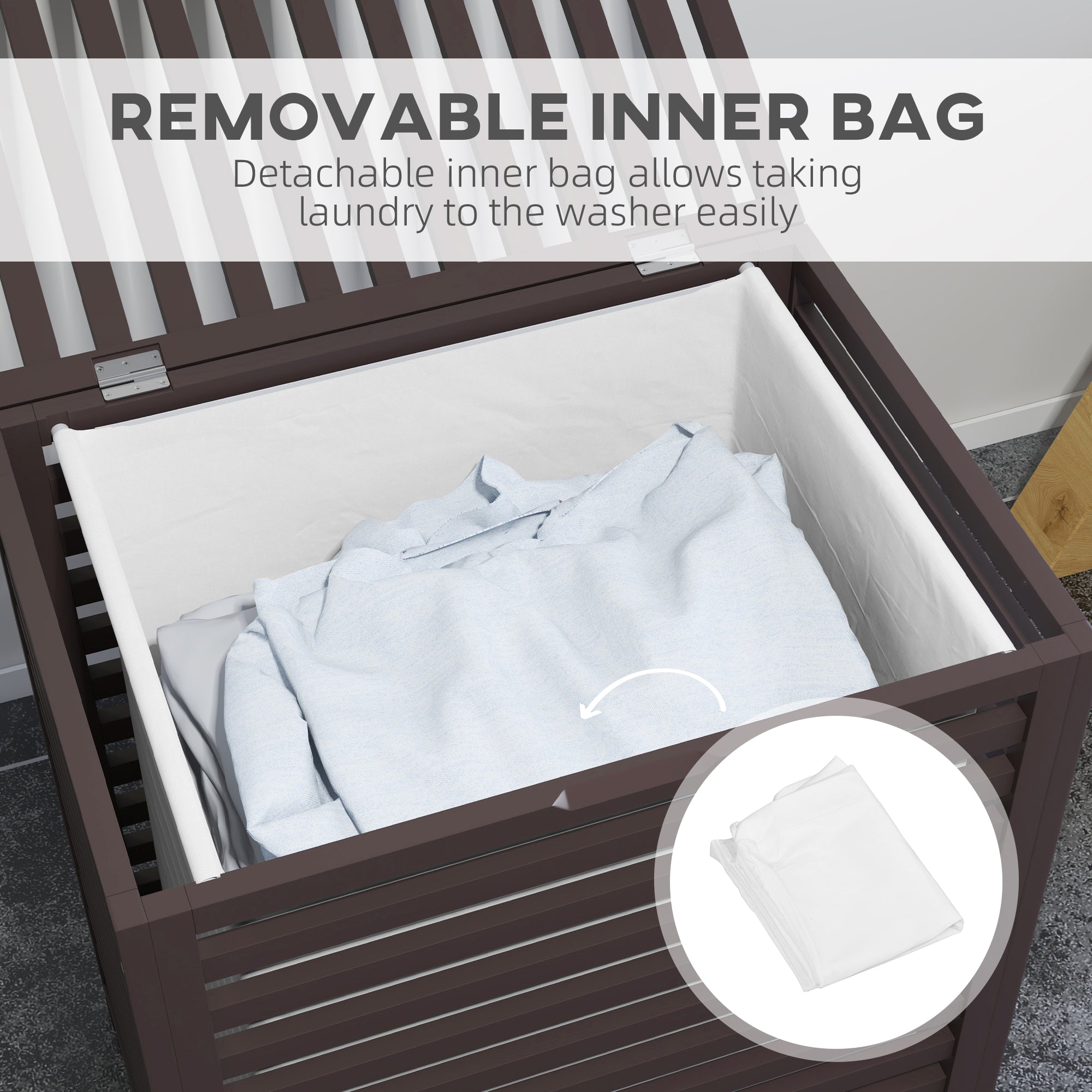 55 L Bamboo Laundry Basket with Lid, Cloth Hamper with Removable Liner Bag, 19.75 x 14.25 x 23.5 Inches, Coffee