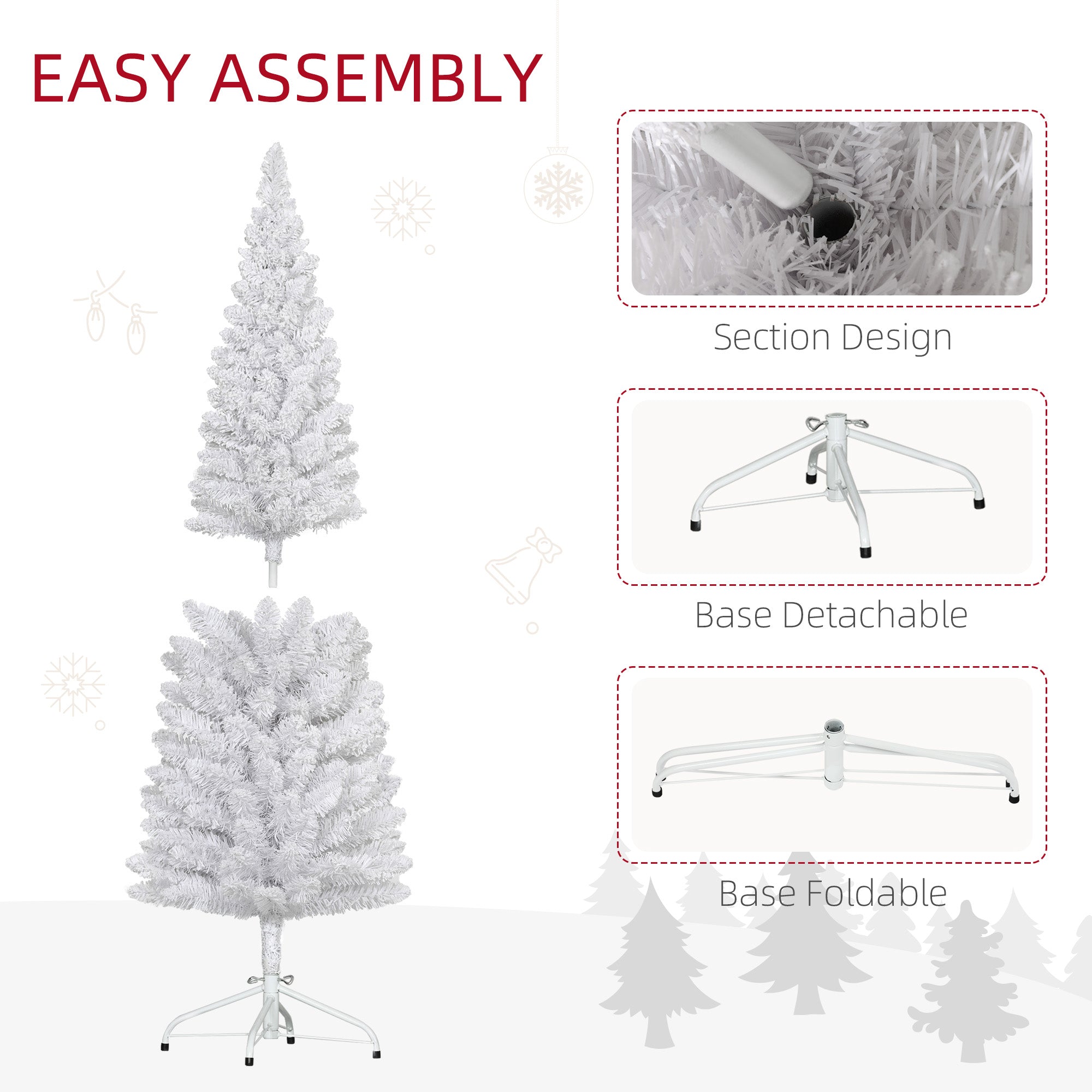 HOMCOM 5ft Snow Flocked Pencil Christmas Tree, Slim Artificial Christmas Tree with 246 Branch Tips and Metal Base, Home Indoor Party Holiday Decoration, White